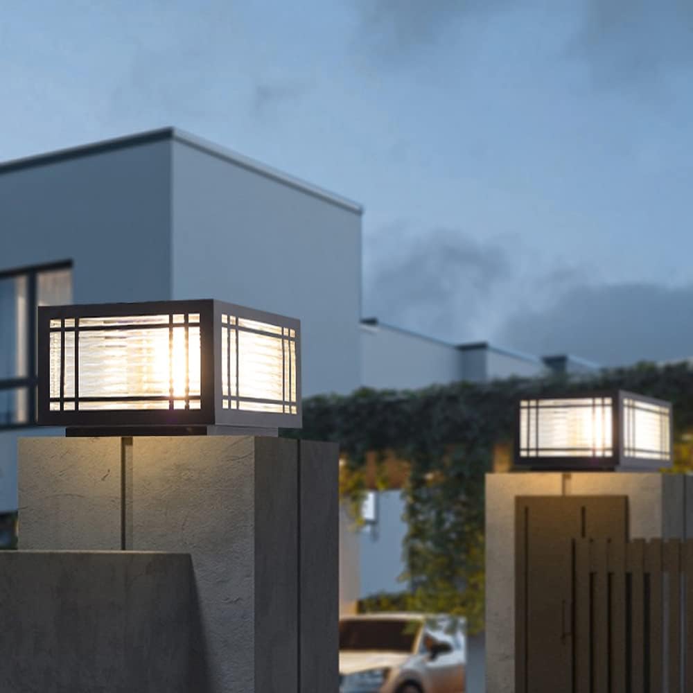 SLAWA Outdoor Post Caps Lights Modern Square Fence Pillar Lamps Waterproof Lawn Column Cap Lamp Courtyard Stainless Steel Housing Light Deck Post Light Fixture with Pier Mount Yard Pedestal Light
