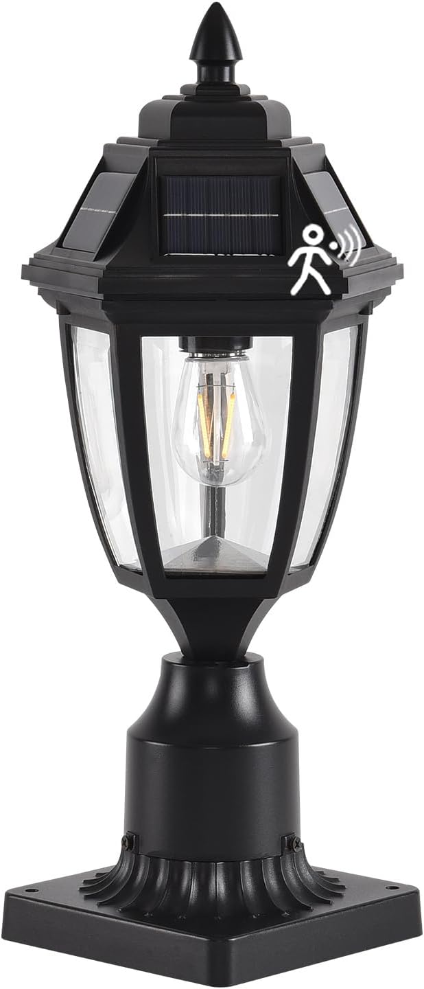 Solar Outdoor Post Lights 2 Pack, Dusk to Dawn Outdoor Column Light with Pier Mount Base, Black Exterior Solar Powered Pole Light for Outside Porch Yard Pathway Driveway