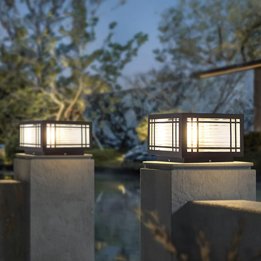 SLAWA Outdoor Post Caps Lights Modern Square Fence Pillar Lamps Waterproof Lawn Column Cap Lamp Courtyard Stainless Steel Housing Light Deck Post Light Fixture with Pier Mount Yard Pedestal Light