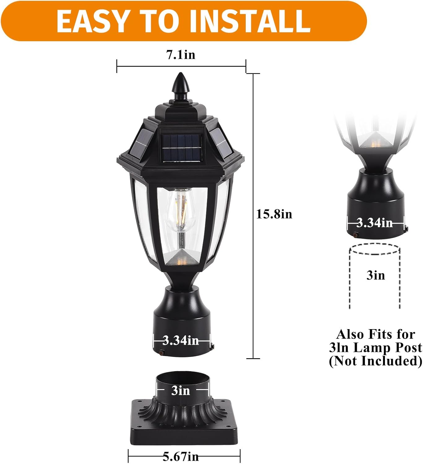 Solar Outdoor Post Lights 2 Pack, Dusk to Dawn Outdoor Column Light with Pier Mount Base, Black Exterior Solar Powered Pole Light for Outside Porch Yard Pathway Driveway