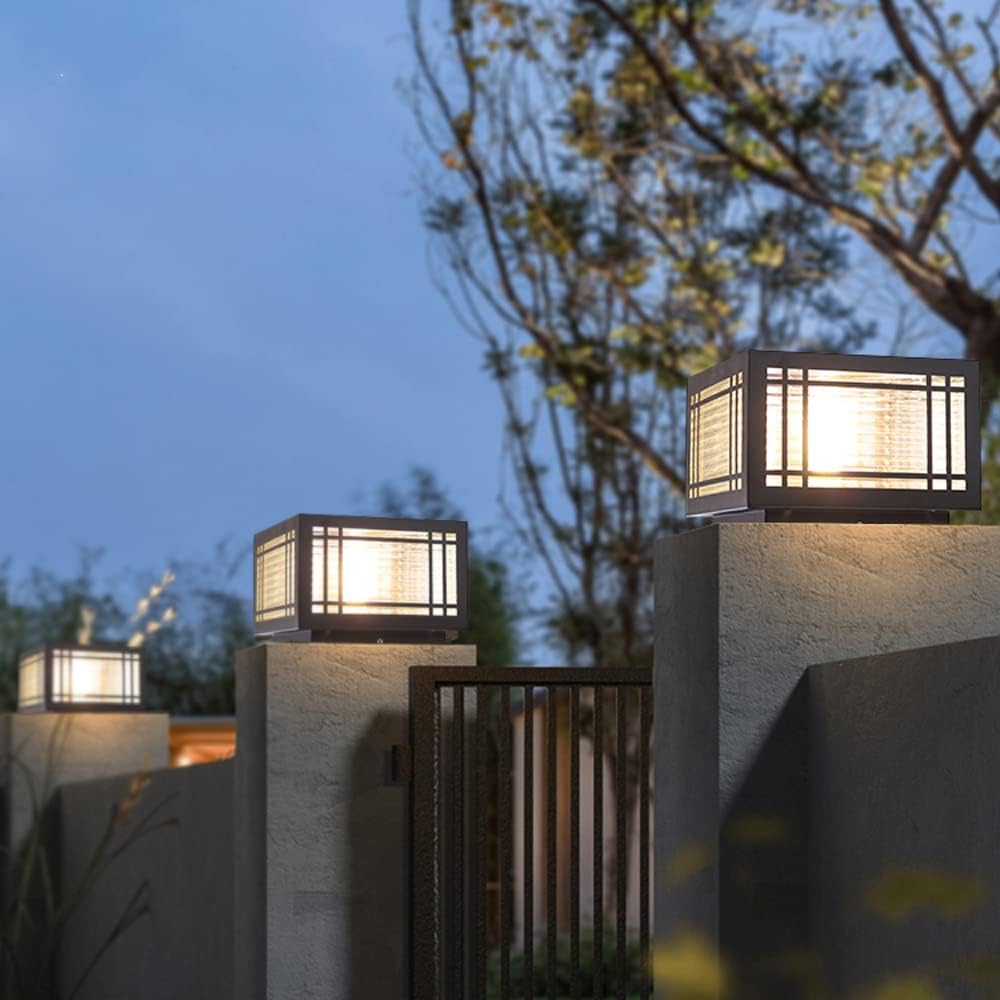 SLAWA Outdoor Post Caps Lights Modern Square Fence Pillar Lamps Waterproof Lawn Column Cap Lamp Courtyard Stainless Steel Housing Light Deck Post Light Fixture with Pier Mount Yard Pedestal Light