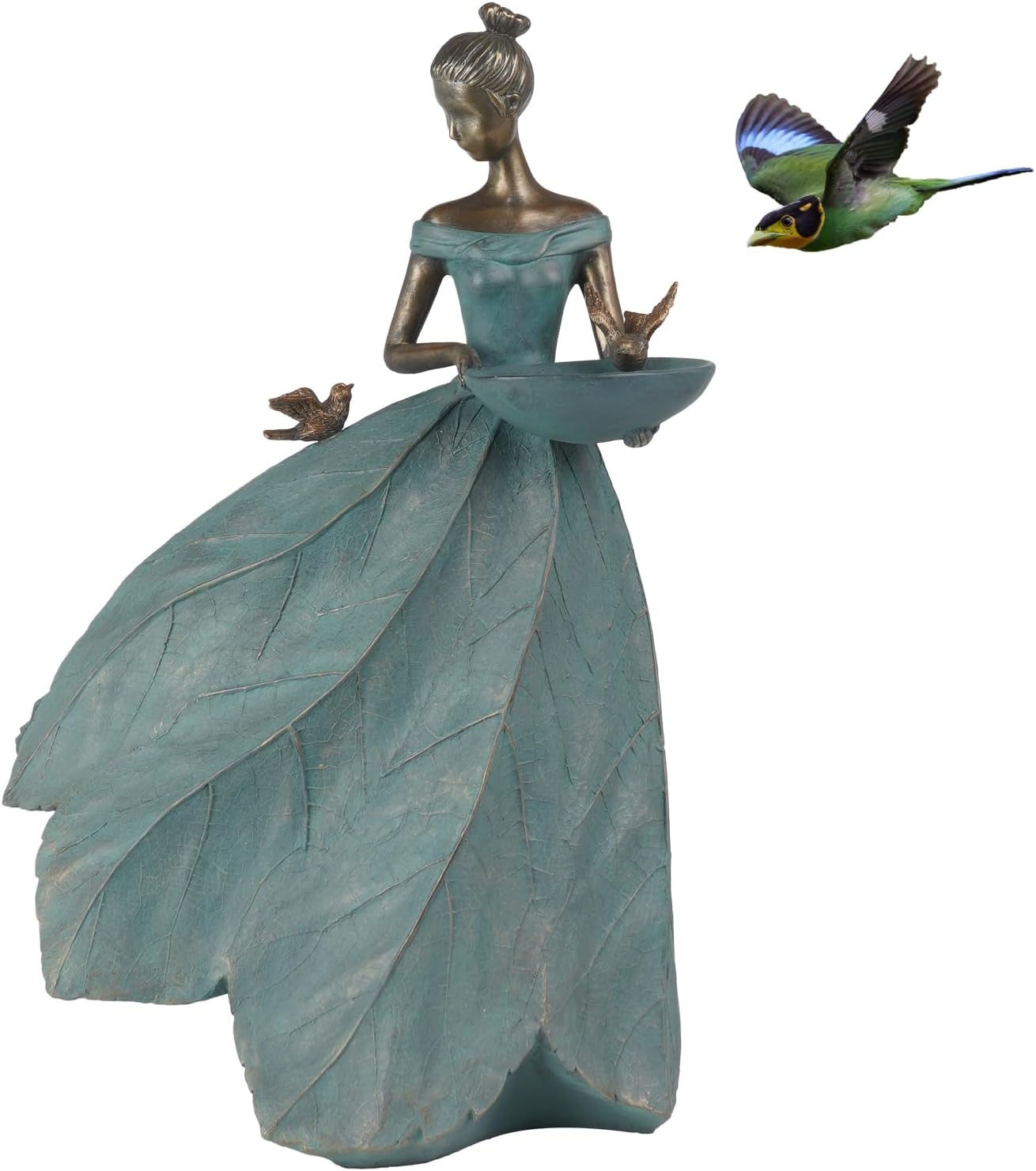 DiliComing Fairy Garden Statue Bird Feeder - 12 Inch Fairy Statue for Home Decoration, Resin Outdoor Statues for Garden Decoration, Best Bird Feeder Garden Gift for Women 12 x 7.5 x 5 Inch(Green)