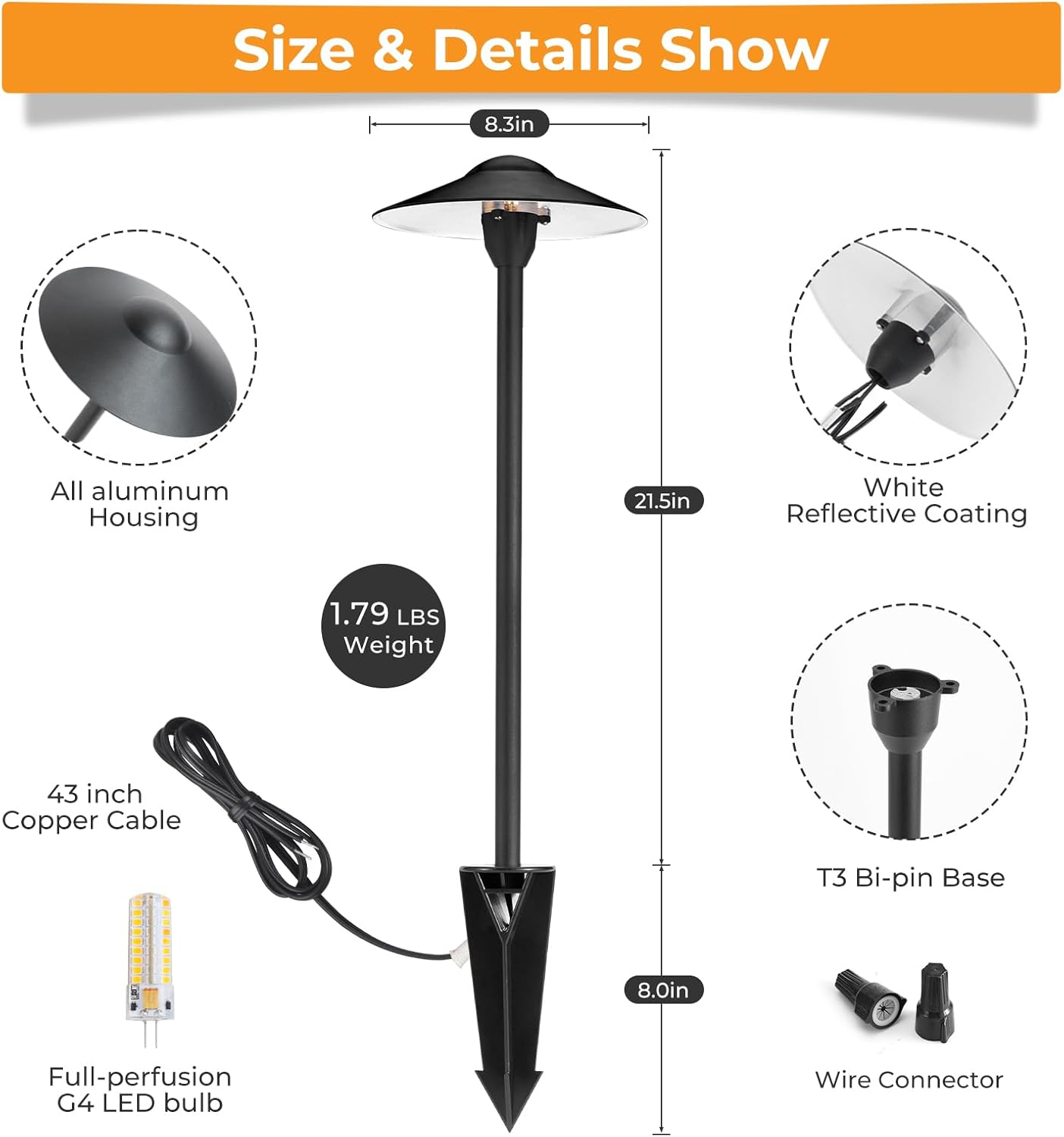 Gardencoin Low Voltage Pathway Lights (8.5'' Shade, 21.5'' Tall),12V Outdoor LED Landscape Path Lights Wired, Aluminum Pathway Lighting with 3W 2700K Replaceable Bulb for Walkway Garden Yard, 6 Pack