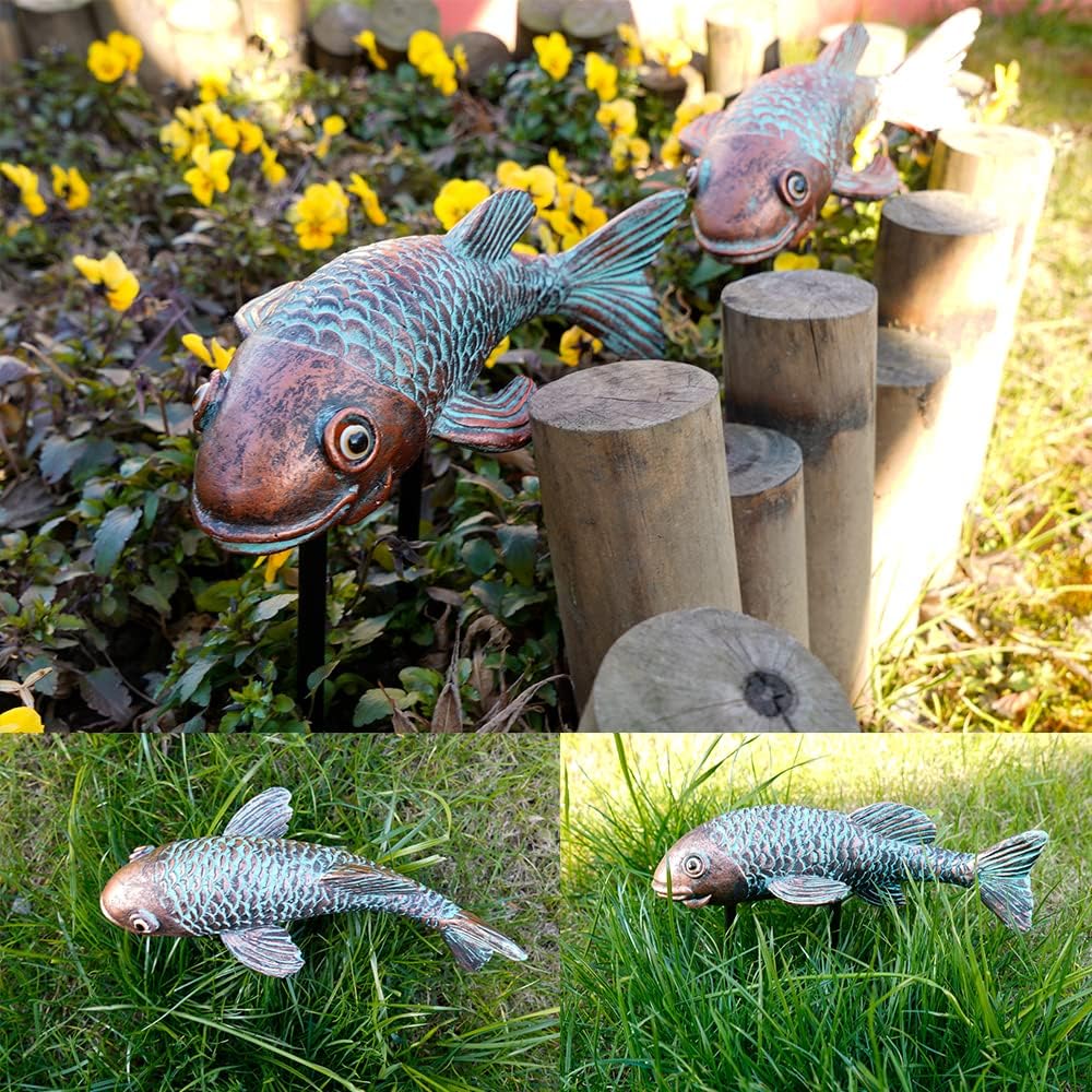 Set of 2 Antique Koi Fish Statue, Outdoor Garden Sculpture for Patio, Backyard, Pond, and Home Decor