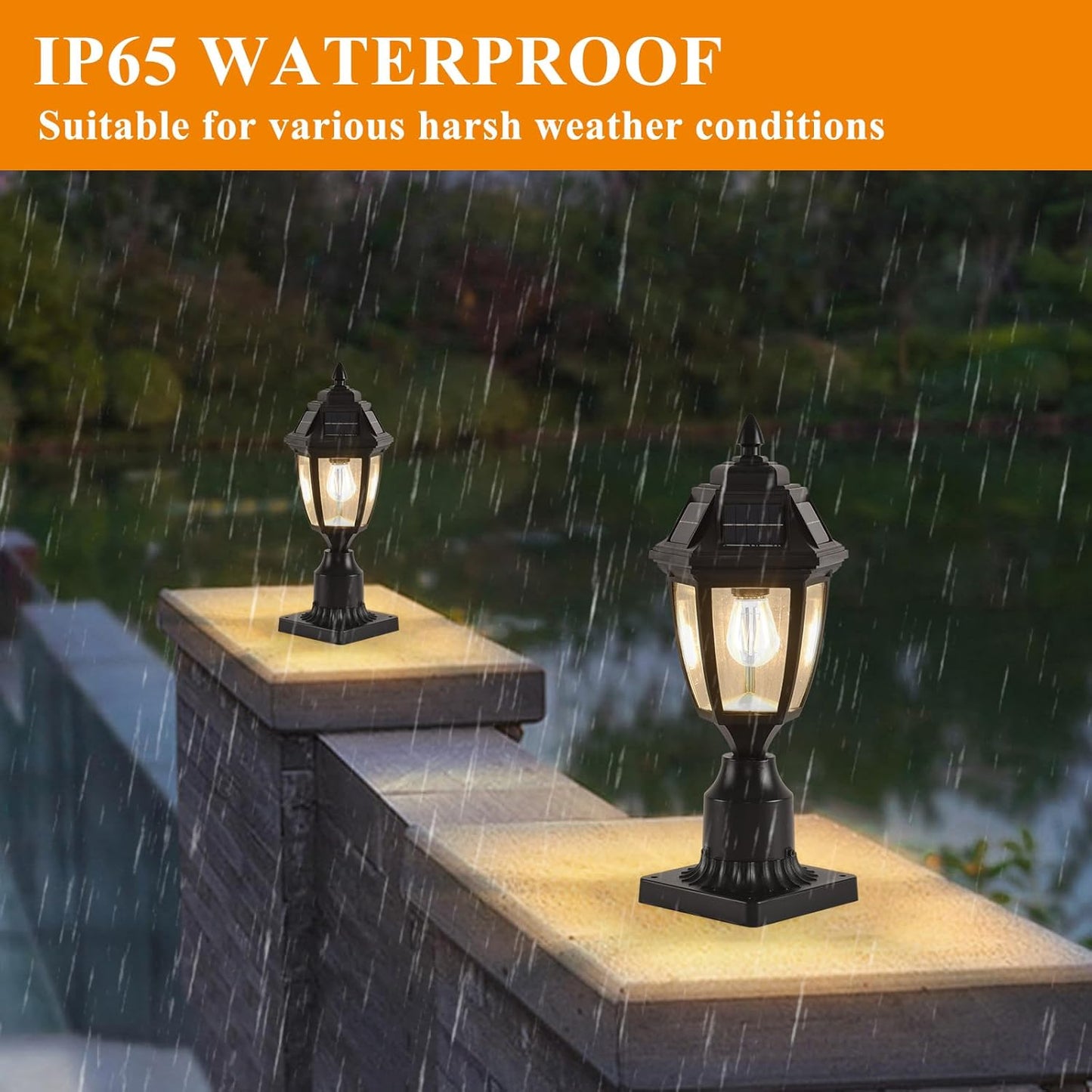 Solar Outdoor Post Lights 2 Pack, Dusk to Dawn Outdoor Column Light with Pier Mount Base, Black Exterior Solar Powered Pole Light for Outside Porch Yard Pathway Driveway
