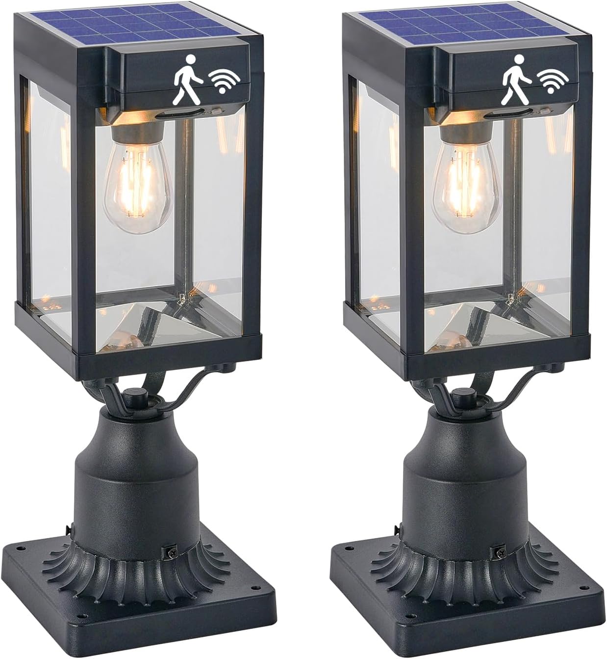 Solar Outdoor Post Lights 2 Pack, Dusk to Dawn Outdoor Column Light with Pier Mount Base, Black Exterior Solar Powered Pole Light for Outside Porch Yard Pathway Driveway