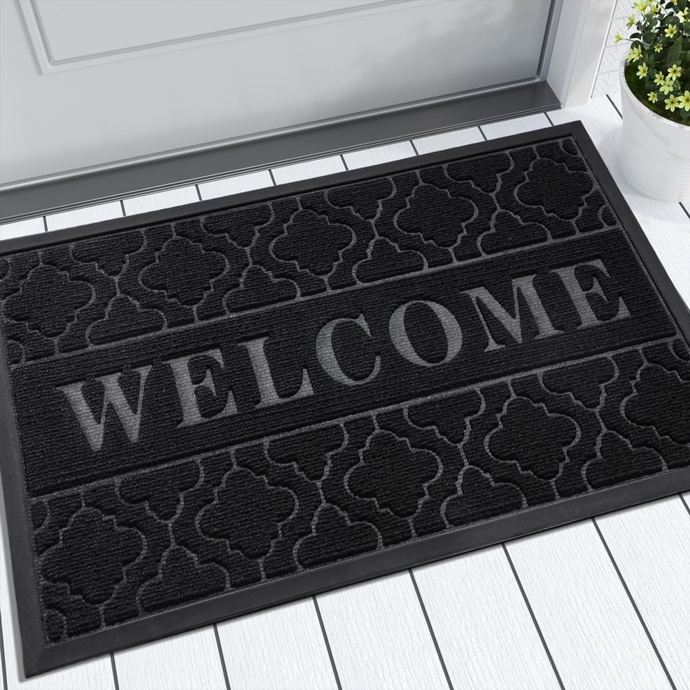 Yimobra Welcome Mat Outdoor Indoor, All-Season Waterproof Front Door Mat Outside Entrance, All-Weather Heavy Duty Non-Slip Doormat, Low Profile Porch Patio Entrance Mats, 36x24, Black