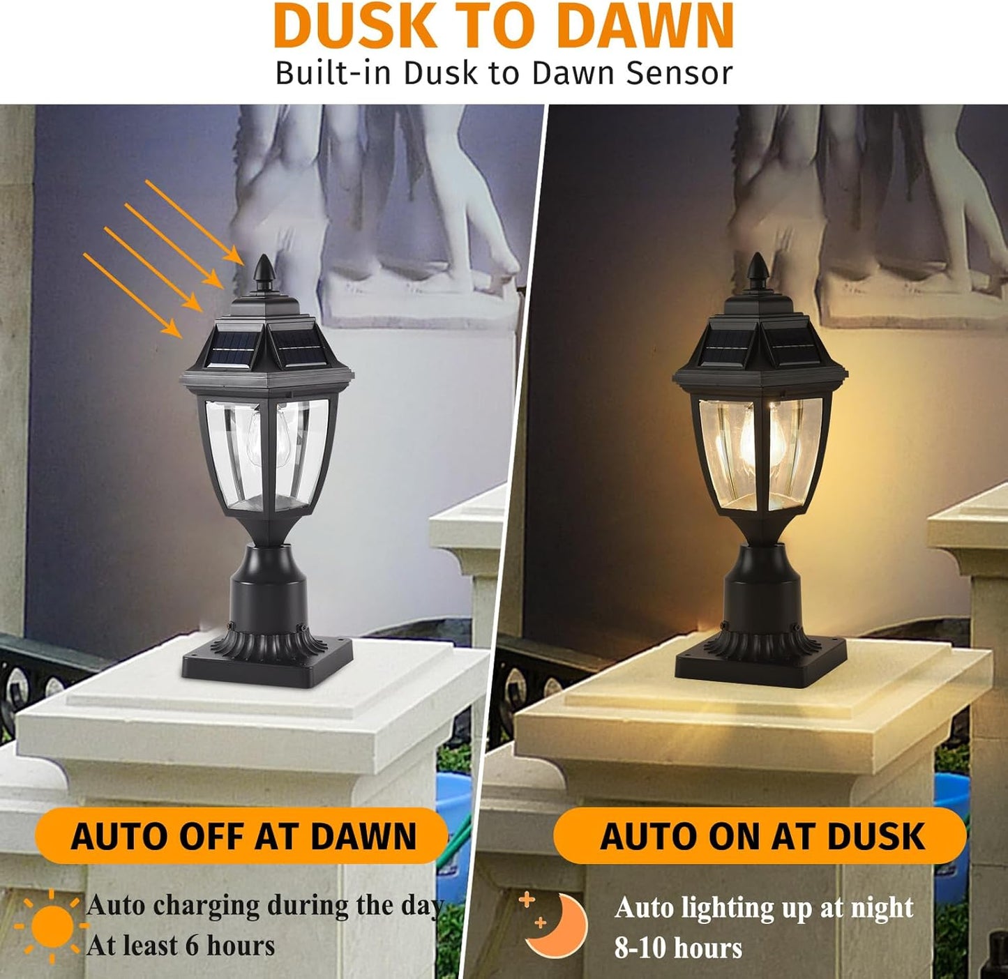 Solar Outdoor Post Lights 2 Pack, Dusk to Dawn Outdoor Column Light with Pier Mount Base, Black Exterior Solar Powered Pole Light for Outside Porch Yard Pathway Driveway