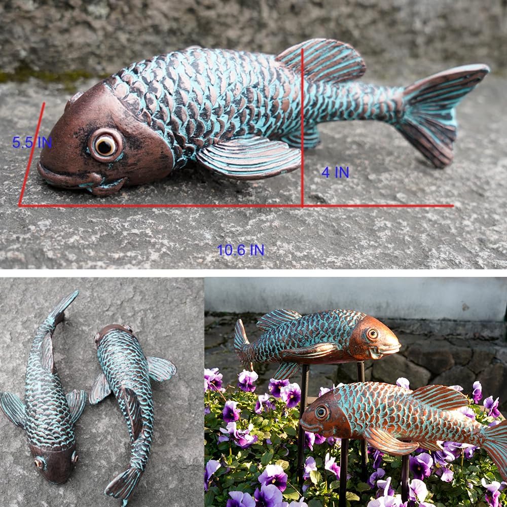Garden Sculptures & Statues,Koi Fish Decor,Garden Fish Art,Set of 2 Antique Koi Fish Yard Art Decor for Outdoors,Patio,Yard,Lawn,Pond,Home Decoration (Bronz)