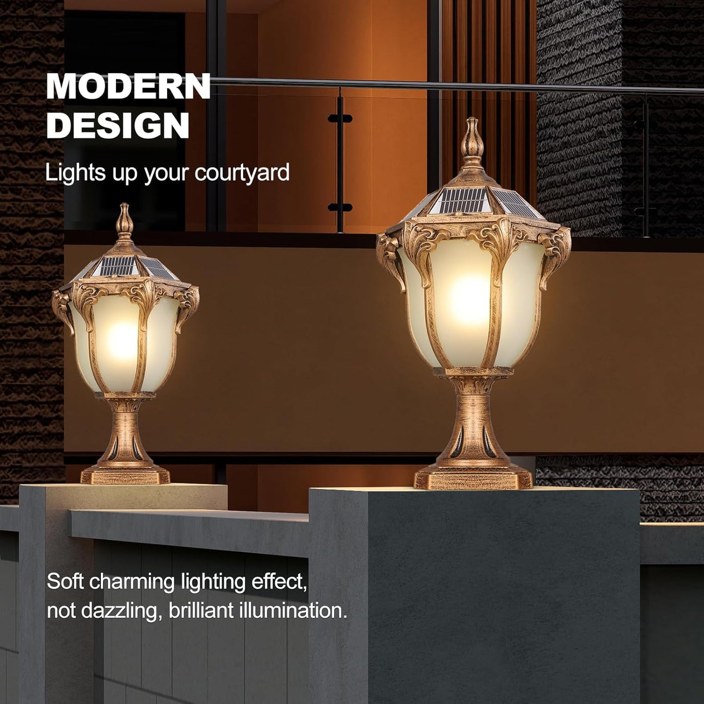 SLAWA 2 Packs Solar Pillar Lamps 18.1In Outdoor Post Caps Light Solar Power Post Lighting Bronze Column Lamps with Glass Waterproof Landscape Lighting Fence Deck Bollard Light Mailbox Yard Path Lamp