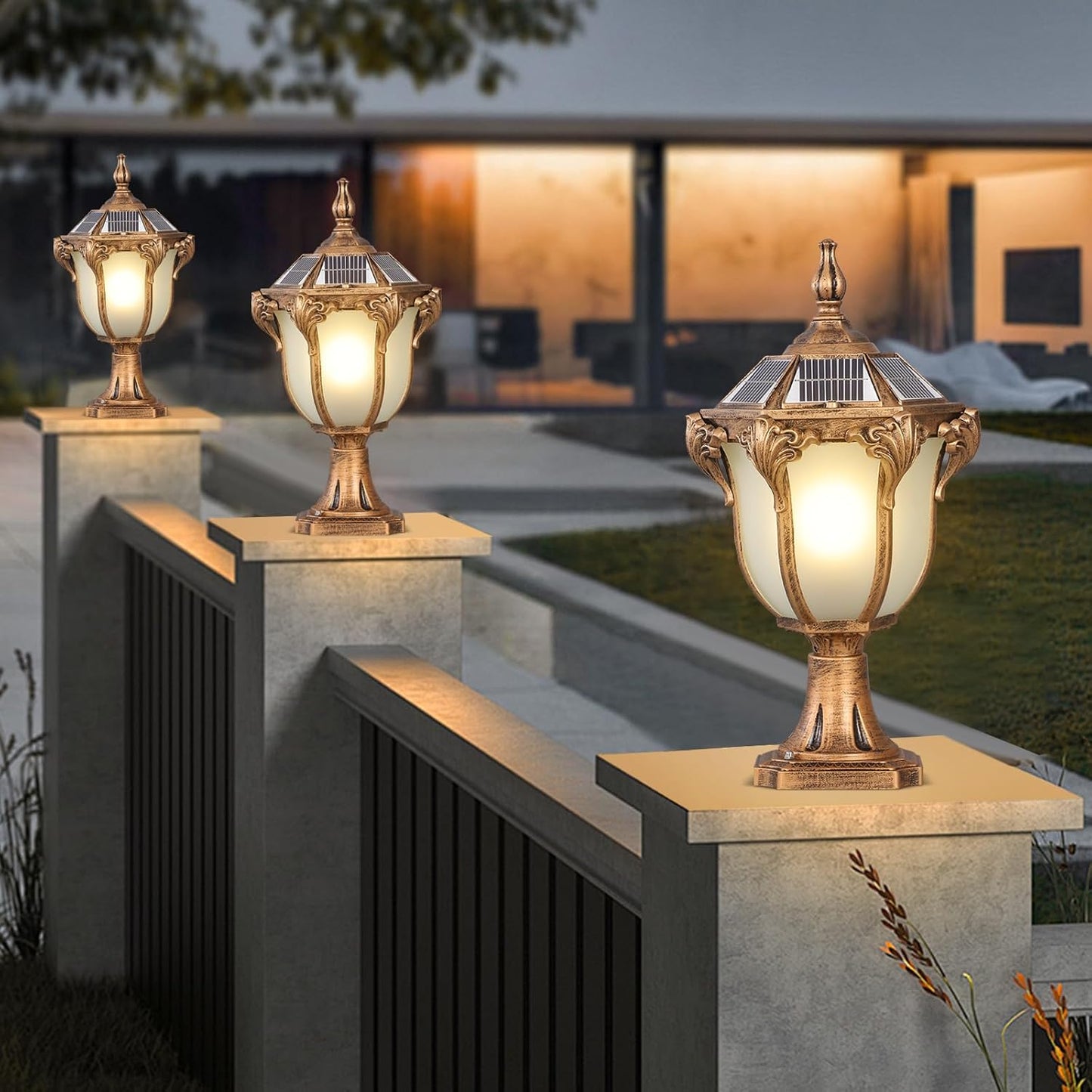 SLAWA 2 Packs Solar Pillar Lamps 18.1In Outdoor Post Caps Light Solar Power Post Lighting Bronze Column Lamps with Glass Waterproof Landscape Lighting Fence Deck Bollard Light Mailbox Yard Path Lamp