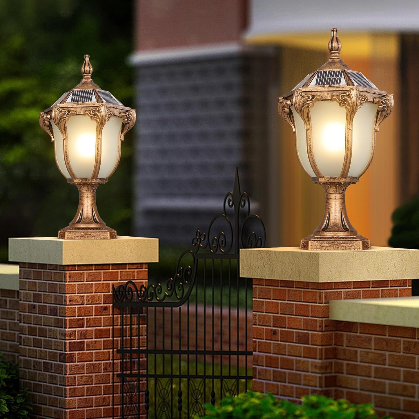 SLAWA 2 Packs Solar Pillar Lamps 18.1In Outdoor Post Caps Light Solar Power Post Lighting Bronze Column Lamps with Glass Waterproof Landscape Lighting Fence Deck Bollard Light Mailbox Yard Path Lamp