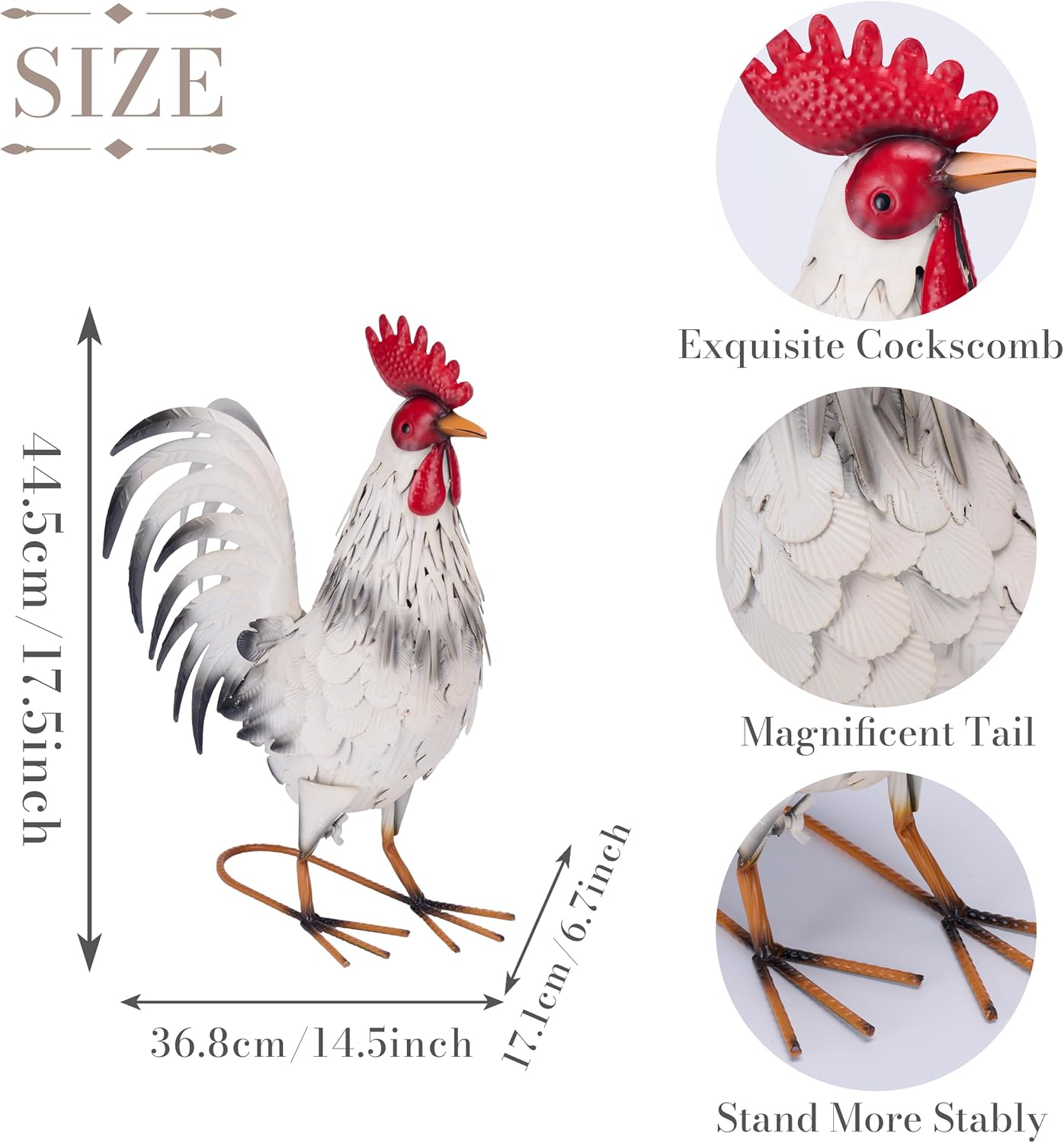 TERESA'S COLLECTIONS Garden Decor, White Rooster Garden Decor, Waterproof Metal Garden Statue, 17.5", Rooster Gifts, Garden Gifts for Women Mom Dad, Indoor/Outdoor