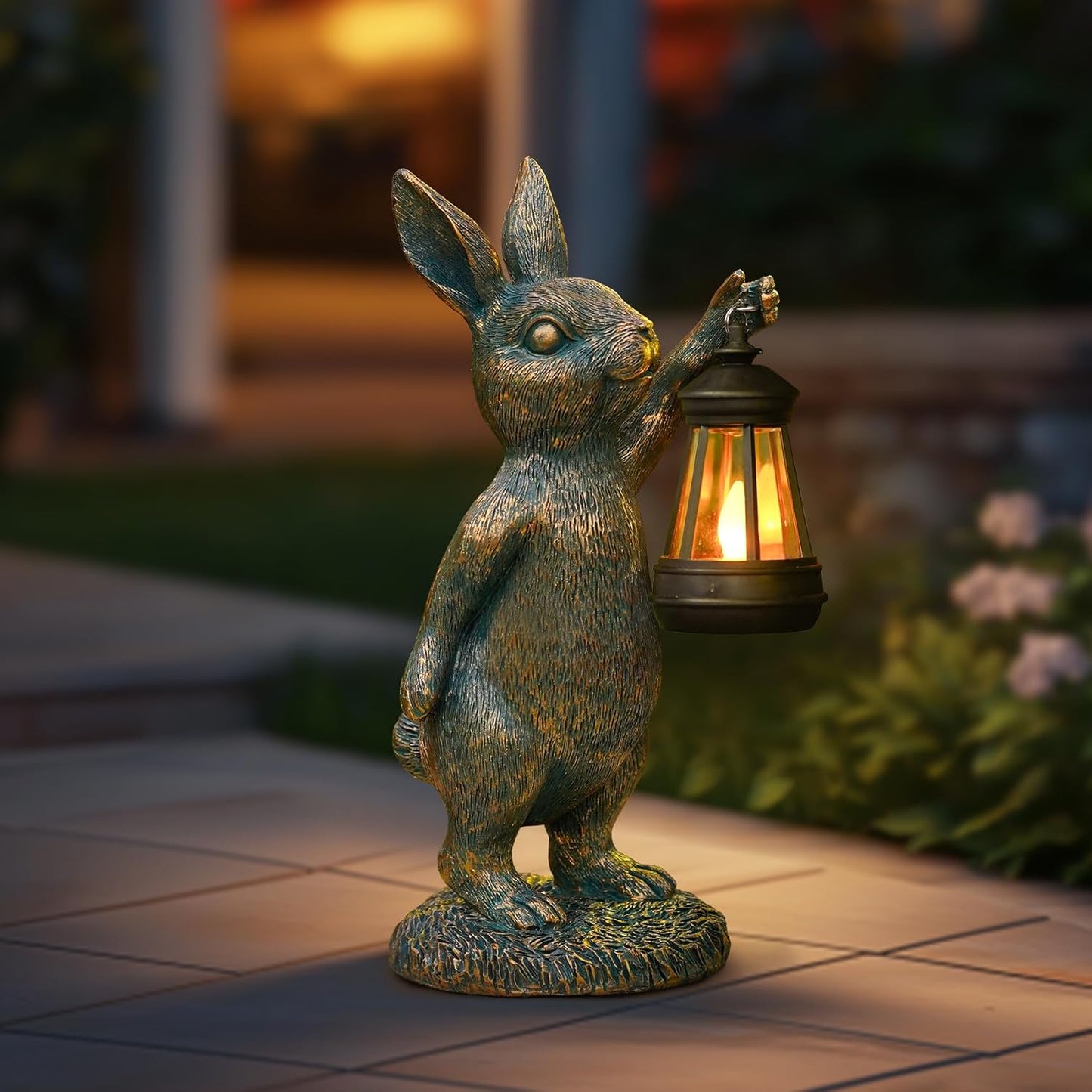 MININOVA Rabbit Garden Statues with Solar Lantern Bunny Outdoor Resin Sculpture for Patio Yard Lawn Decorations Gifts for Mother’s Day Housewarming