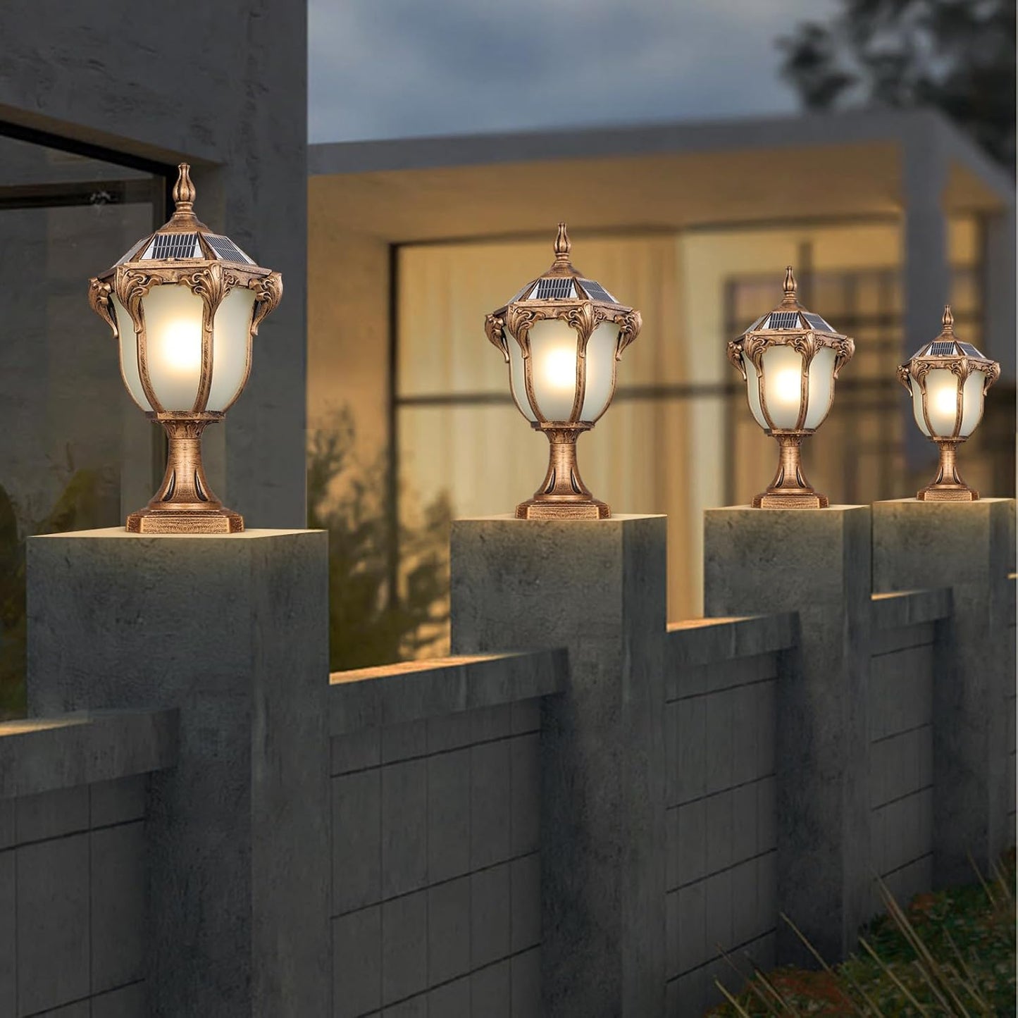 SLAWA 2 Packs Solar Pillar Lamps 18.1In Outdoor Post Caps Light Solar Power Post Lighting Bronze Column Lamps with Glass Waterproof Landscape Lighting Fence Deck Bollard Light Mailbox Yard Path Lamp