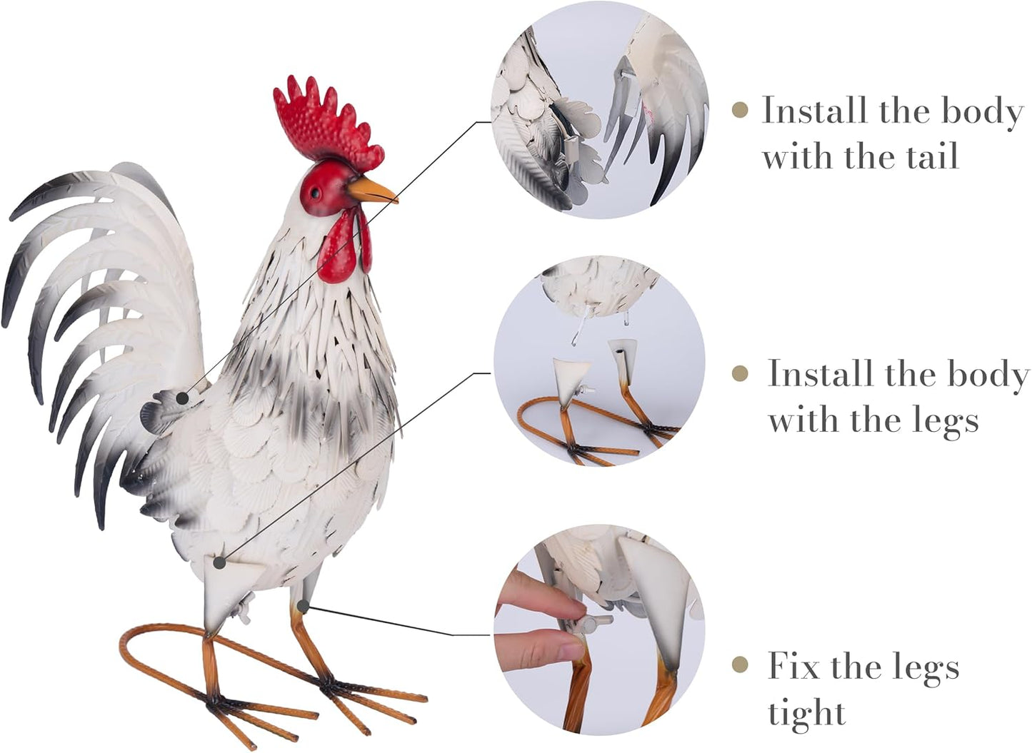 TERESA'S COLLECTIONS Garden Decor, White Rooster Garden Decor, Waterproof Metal Garden Statue, 17.5", Rooster Gifts, Garden Gifts for Women Mom Dad, Indoor/Outdoor