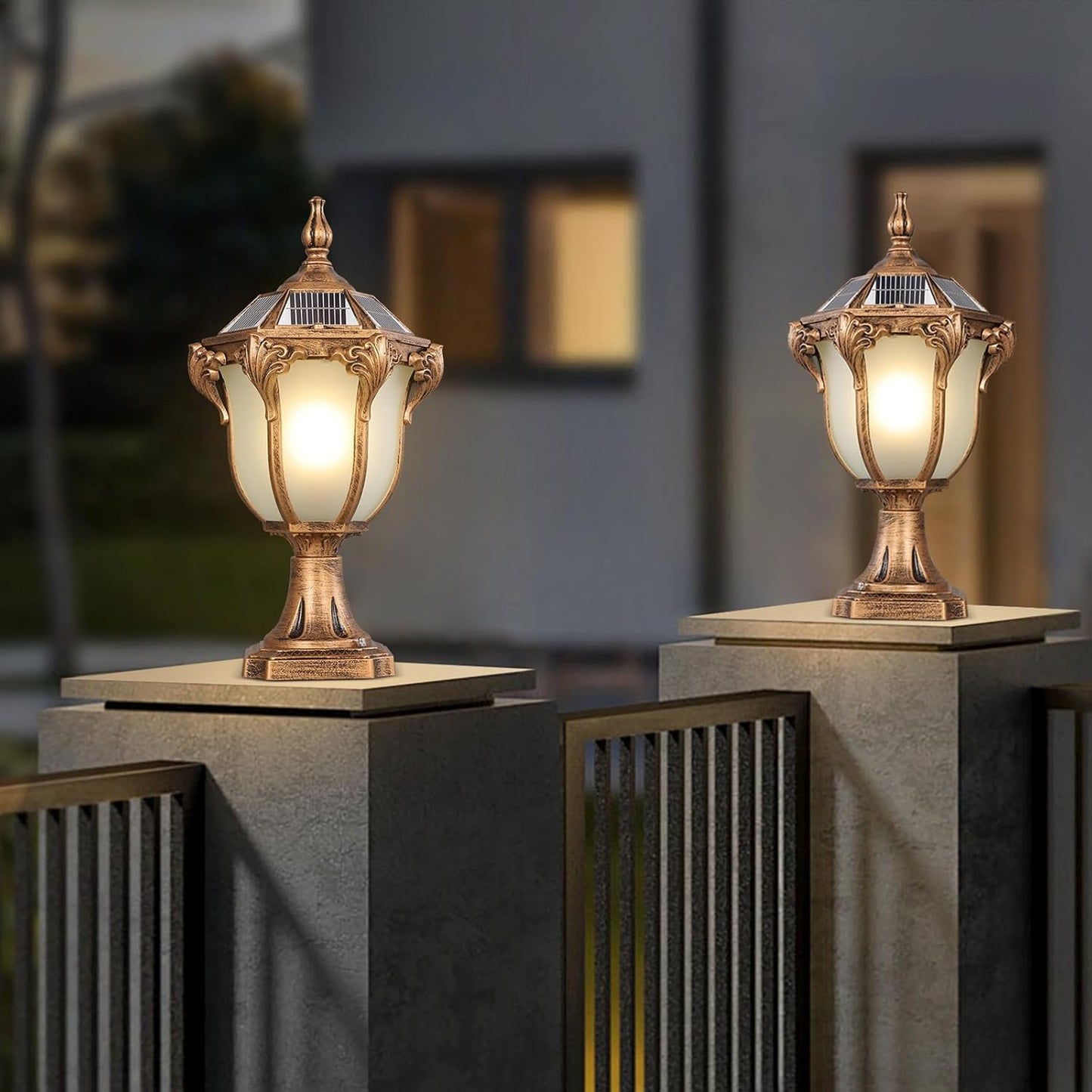 SLAWA 2 Packs Solar Pillar Lamps 18.1In Outdoor Post Caps Light Solar Power Post Lighting Bronze Column Lamps with Glass Waterproof Landscape Lighting Fence Deck Bollard Light Mailbox Yard Path Lamp