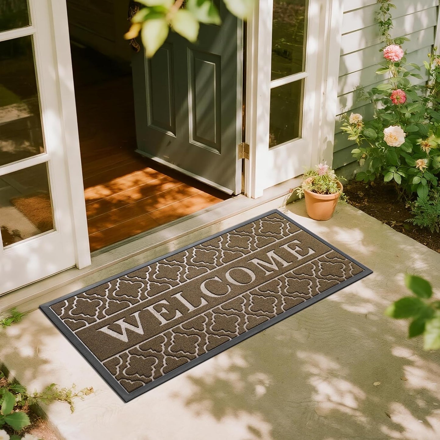 Yimobra Welcome Mat Outdoor Indoor, All-Season Waterproof Front Door Mat Outside Entrance, All-Weather Heavy Duty Non-Slip Doormat, Low Profile Porch Patio Entrance Mats, 36x24, Black