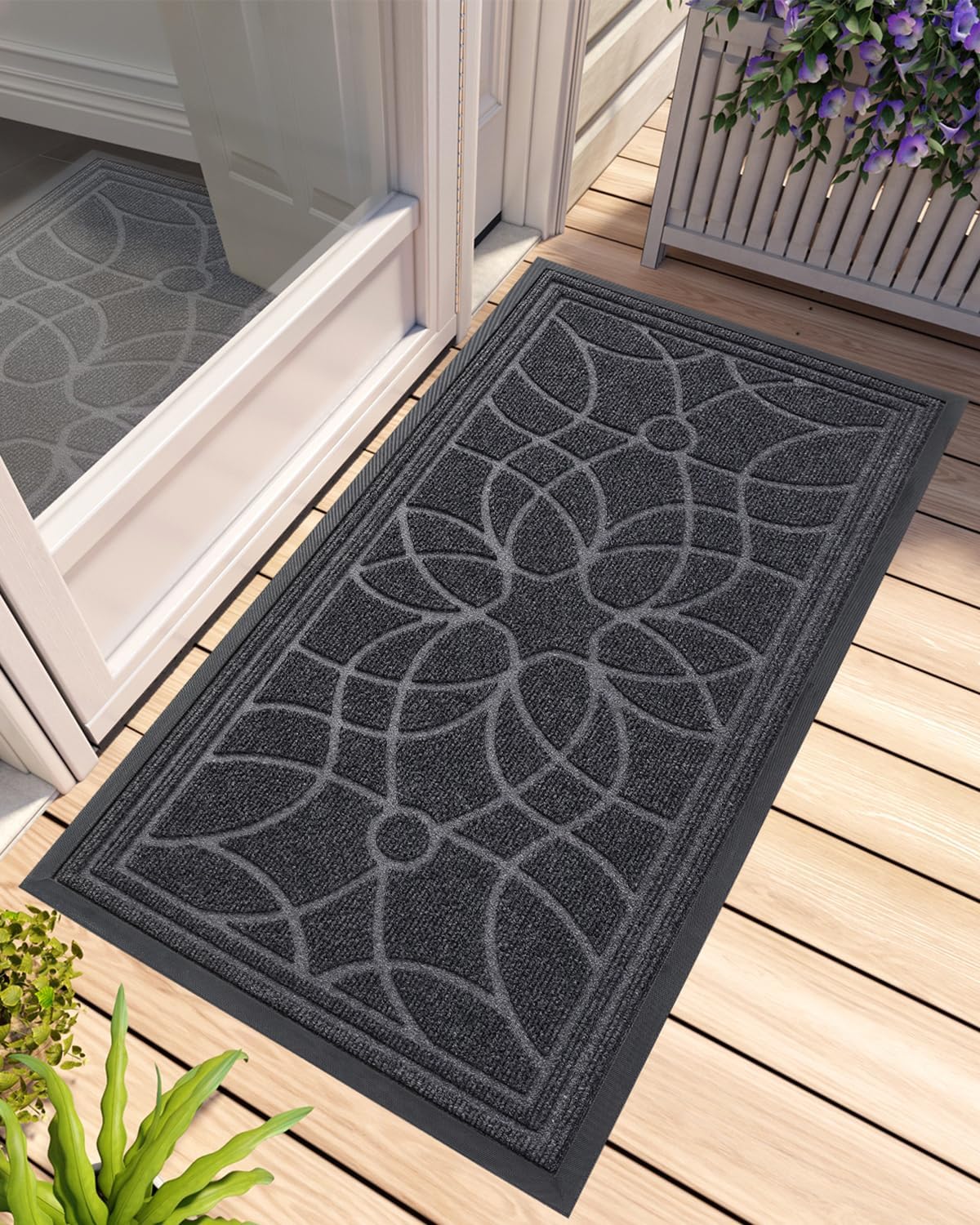 DEXI Front Door Mat Outside Entrance, Heavy Duty Non Slip Low Profile Doormat for Entryway, Trap Dirt and Moisture Welcome Mats, Easy Clean, Patio, Garage, 6x4, Grey
