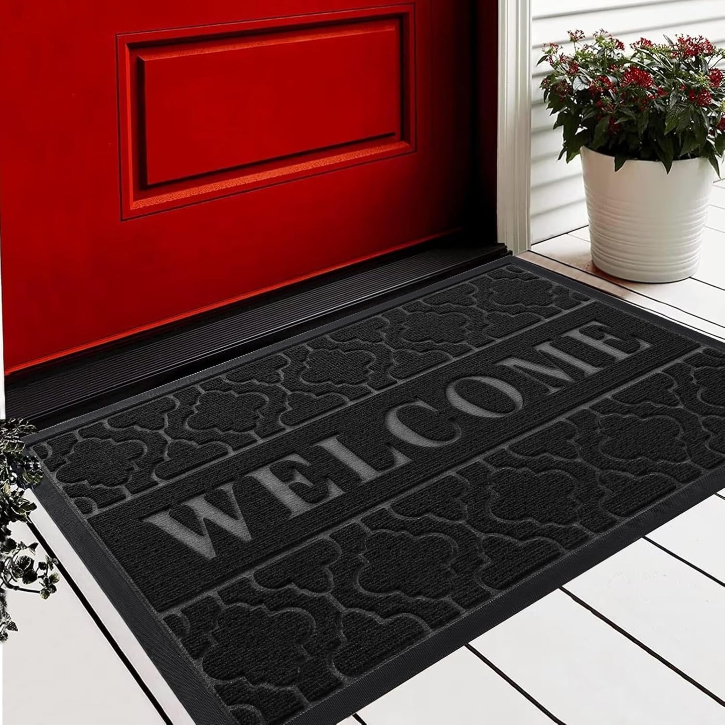 Yimobra Welcome Mat Outdoor Indoor, All-Season Waterproof Front Door Mat Outside Entrance, All-Weather Heavy Duty Non-Slip Doormat, Low Profile Porch Patio Entrance Mats, 36x24, Black