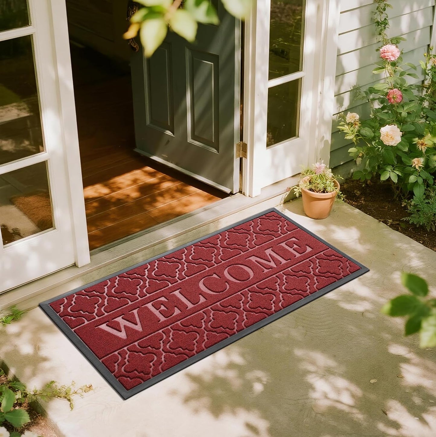 Yimobra Welcome Mat Outdoor Indoor, All-Season Waterproof Front Door Mat Outside Entrance, All-Weather Heavy Duty Non-Slip Doormat, Low Profile Porch Patio Entrance Mats, 36x24, Black
