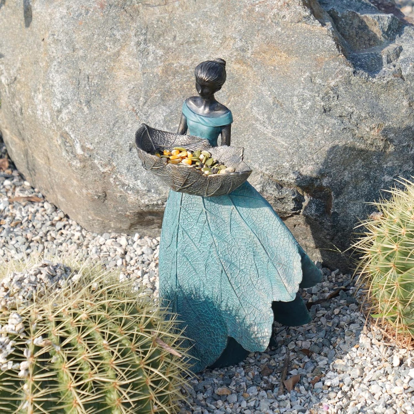 DiliComing Fairy Garden Statue Bird Feeder - 12 Inch Fairy Statue for Home Decoration, Resin Outdoor Statues for Garden Decoration, Best Bird Feeder Garden Gift for Women 12 x 7.5 x 5 Inch(Green)