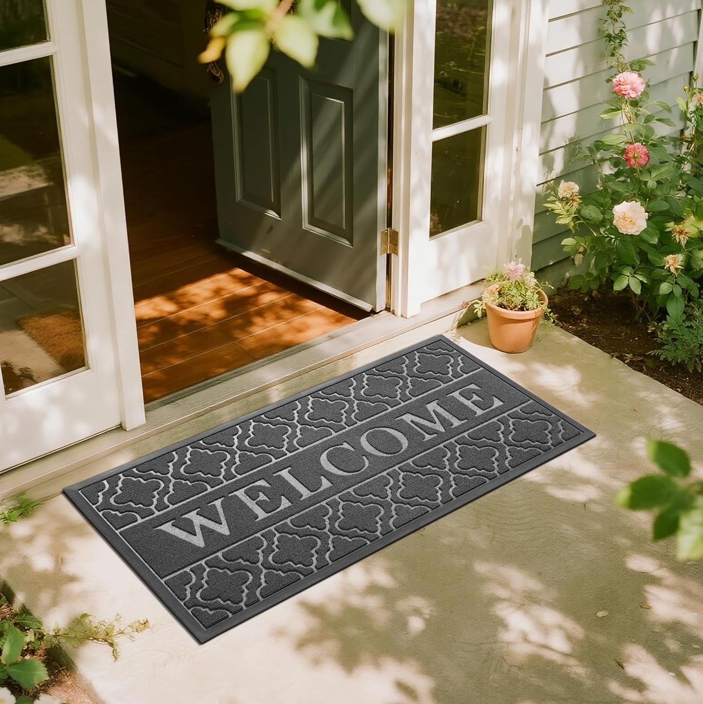 Yimobra Welcome Mat Outdoor Indoor, All-Season Waterproof Front Door Mat Outside Entrance, All-Weather Heavy Duty Non-Slip Doormat, Low Profile Porch Patio Entrance Mats, 36x24, Black