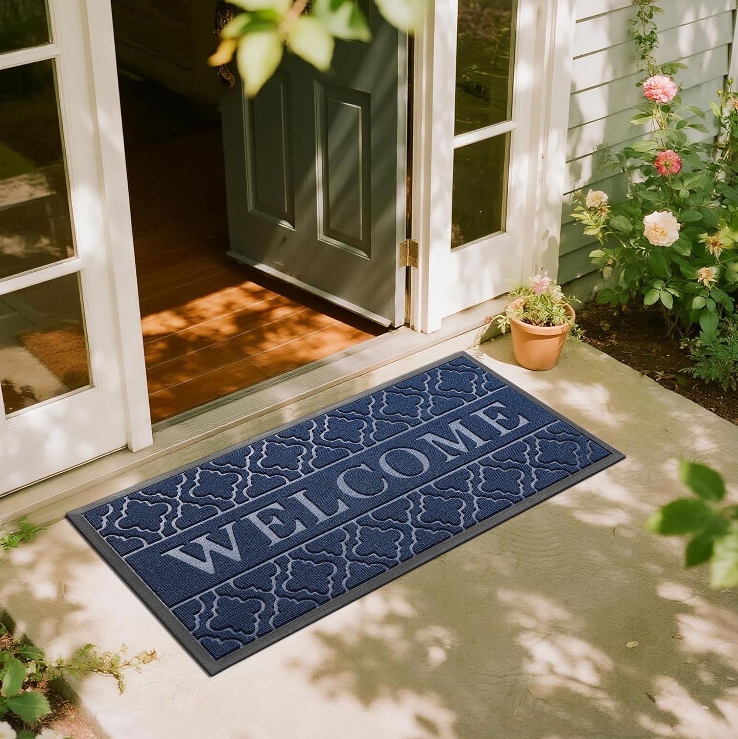 Yimobra Welcome Mat Outdoor Indoor, All-Season Waterproof Front Door Mat Outside Entrance, All-Weather Heavy Duty Non-Slip Doormat, Low Profile Porch Patio Entrance Mats, 36x24, Black
