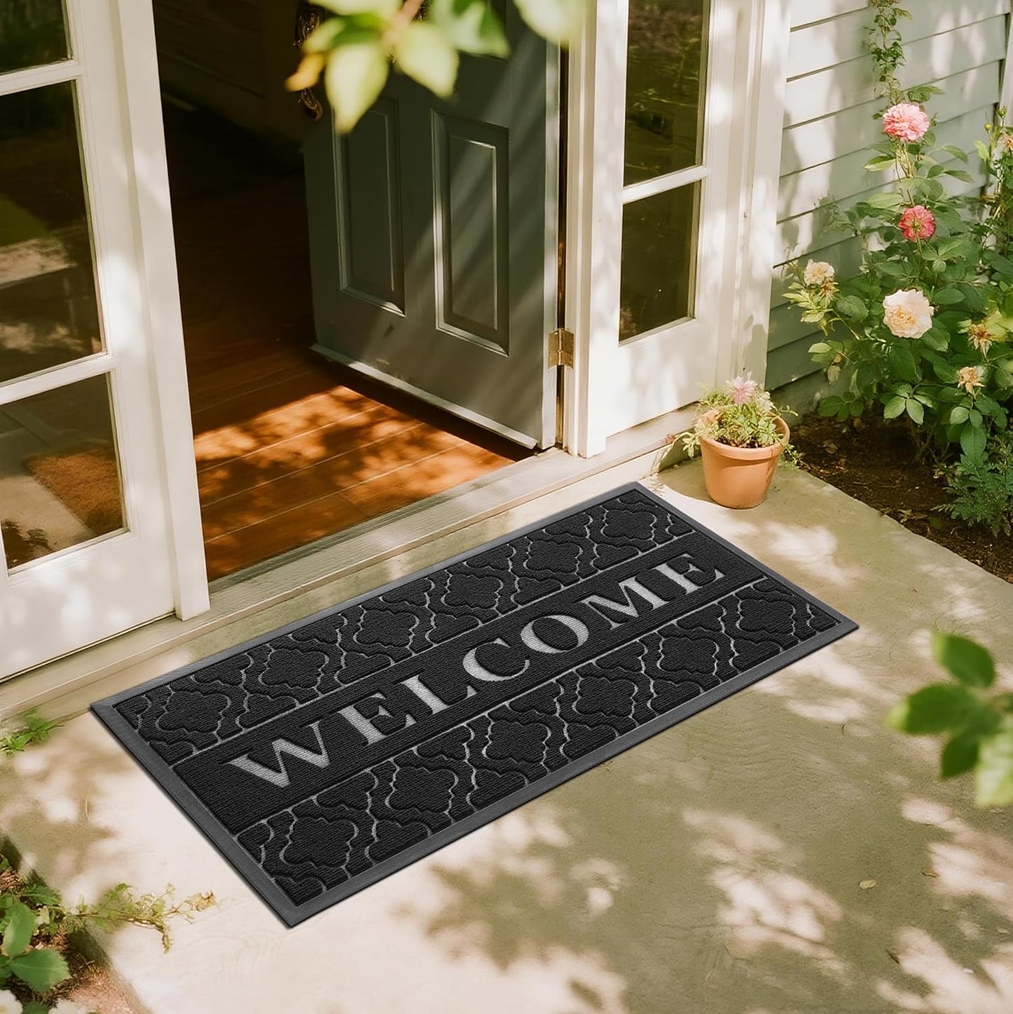 Yimobra Welcome Mat Outdoor Indoor, All-Season Waterproof Front Door Mat Outside Entrance, All-Weather Heavy Duty Non-Slip Doormat, Low Profile Porch Patio Entrance Mats, 36x24, Black