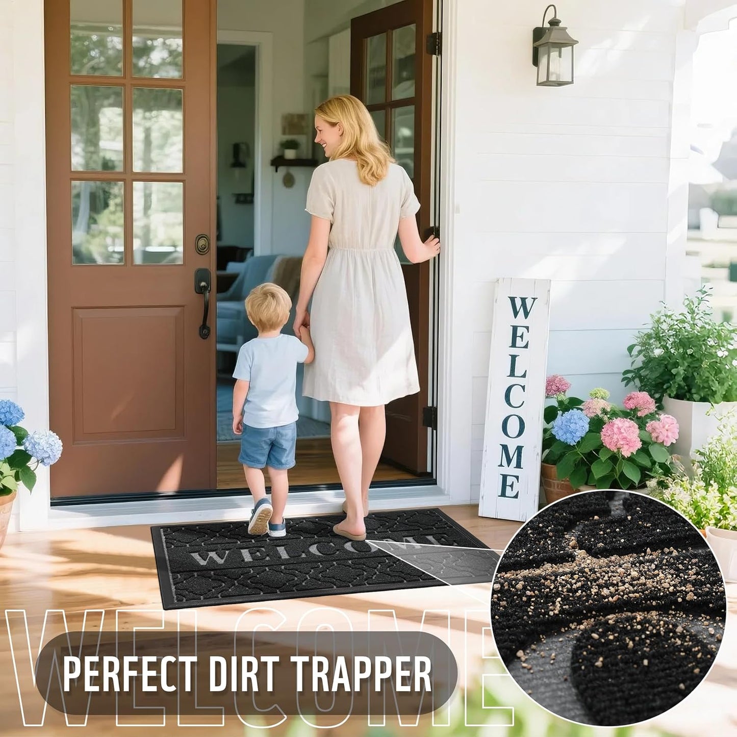 Yimobra Welcome Mat Outdoor Indoor, All-Season Waterproof Front Door Mat Outside Entrance, All-Weather Heavy Duty Non-Slip Doormat, Low Profile Porch Patio Entrance Mats, 36x24, Black