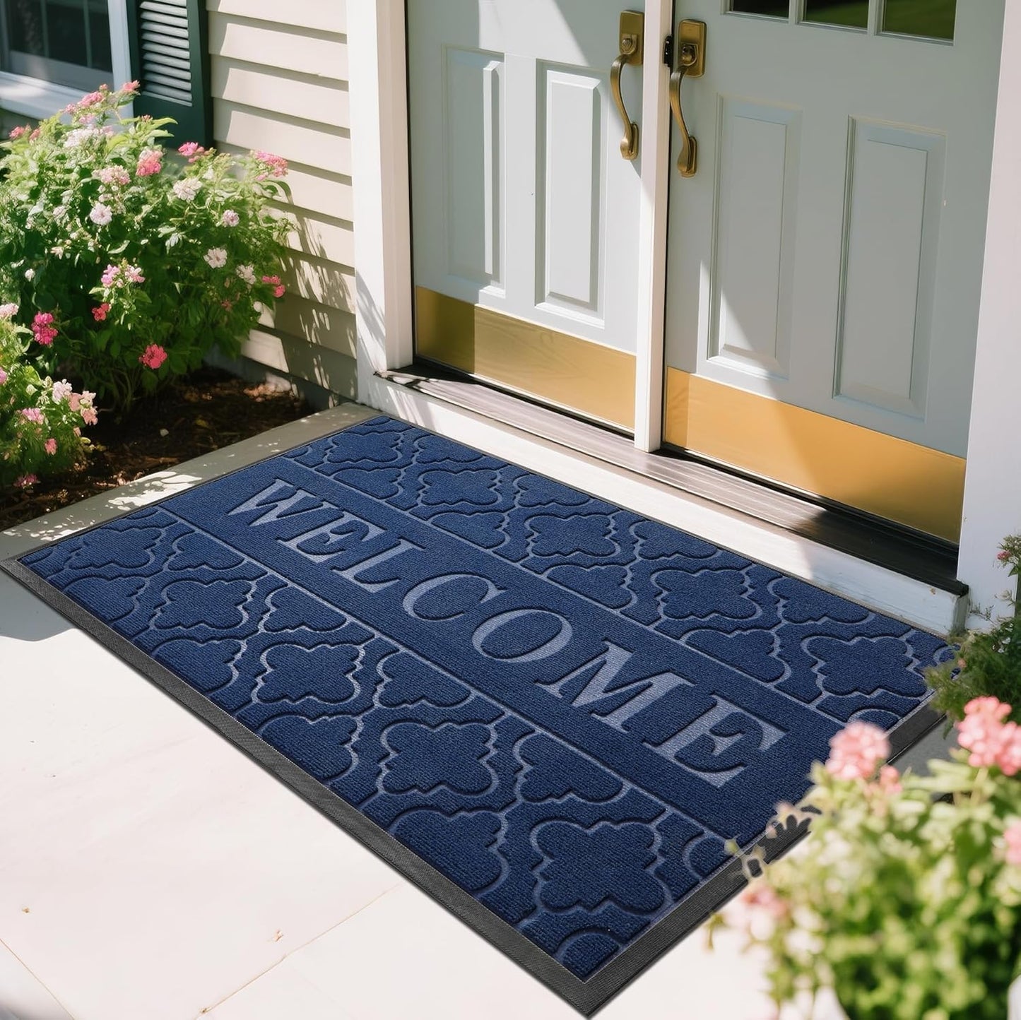 Yimobra Welcome Mat Outdoor Indoor, All-Season Waterproof Front Door Mat Outside Entrance, All-Weather Heavy Duty Non-Slip Doormat, Low Profile Porch Patio Entrance Mats, 36x24, Black