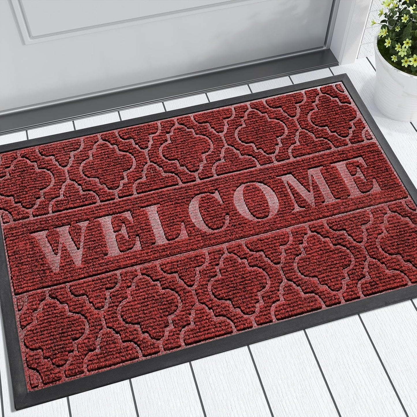 Yimobra Welcome Mat Outdoor Indoor, All-Season Waterproof Front Door Mat Outside Entrance, All-Weather Heavy Duty Non-Slip Doormat, Low Profile Porch Patio Entrance Mats, 36x24, Black
