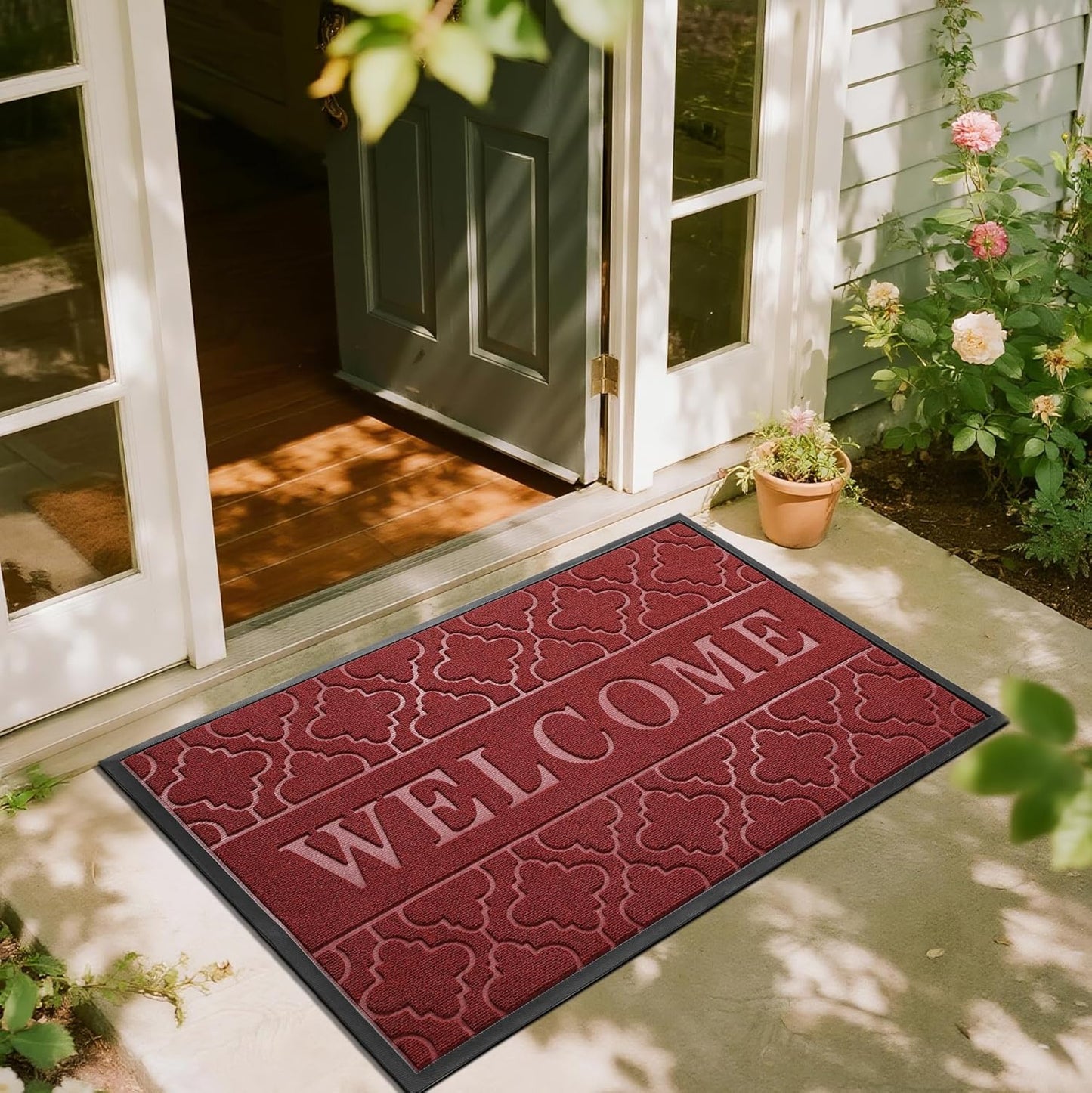 Yimobra Welcome Mat Outdoor Indoor, All-Season Waterproof Front Door Mat Outside Entrance, All-Weather Heavy Duty Non-Slip Doormat, Low Profile Porch Patio Entrance Mats, 36x24, Black