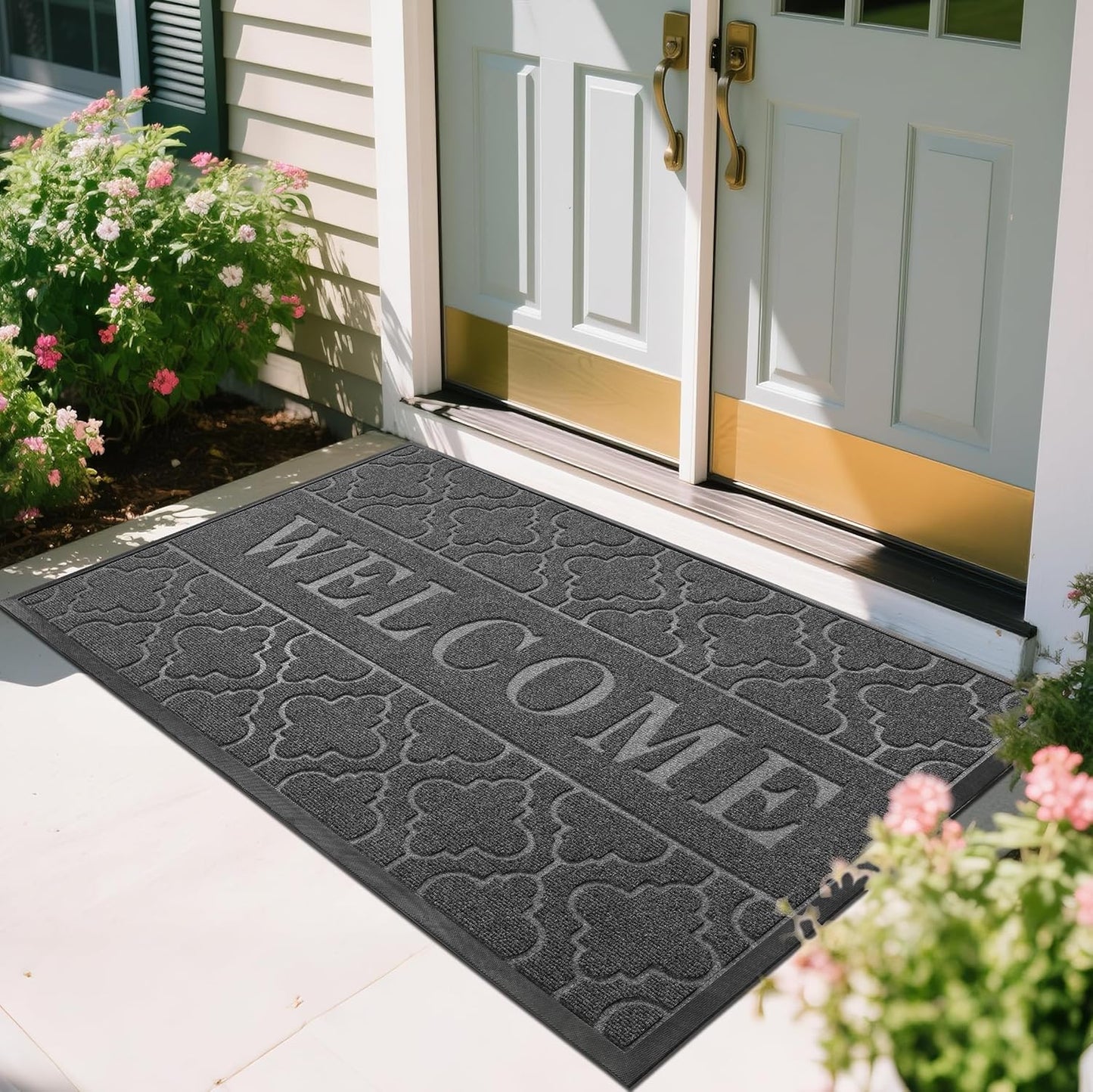 Yimobra Welcome Mat Outdoor Indoor, All-Season Waterproof Front Door Mat Outside Entrance, All-Weather Heavy Duty Non-Slip Doormat, Low Profile Porch Patio Entrance Mats, 36x24, Black