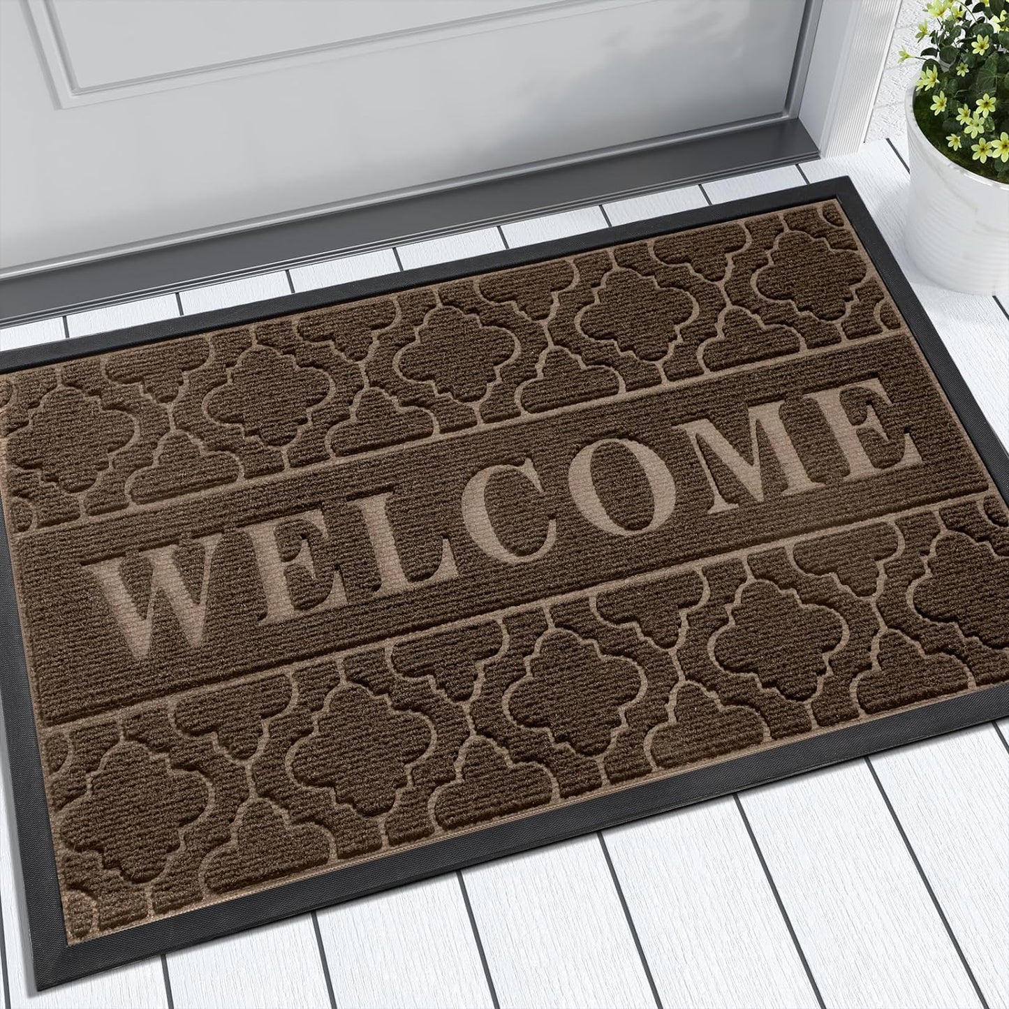 Yimobra Welcome Mat Outdoor Indoor, All-Season Waterproof Front Door Mat Outside Entrance, All-Weather Heavy Duty Non-Slip Doormat, Low Profile Porch Patio Entrance Mats, 36x24, Black