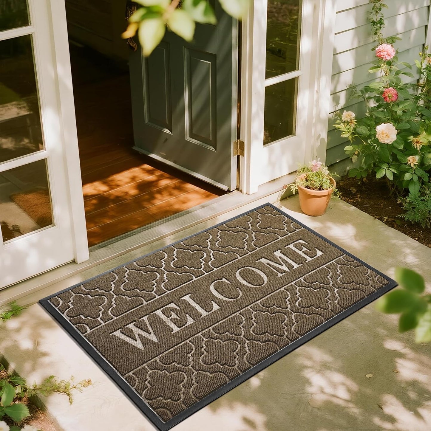 Yimobra Welcome Mat Outdoor Indoor, All-Season Waterproof Front Door Mat Outside Entrance, All-Weather Heavy Duty Non-Slip Doormat, Low Profile Porch Patio Entrance Mats, 36x24, Black
