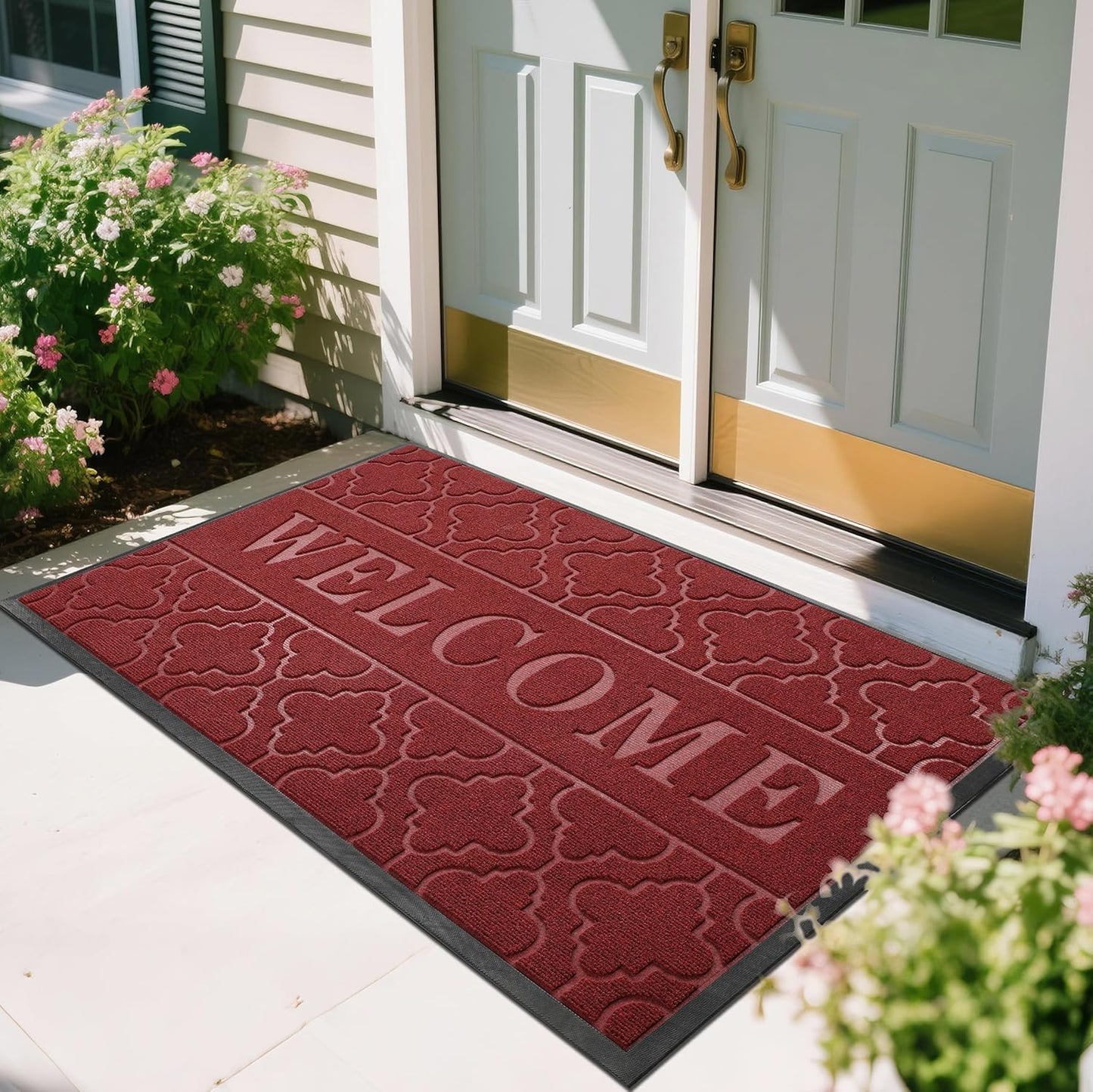 Yimobra Welcome Mat Outdoor Indoor, All-Season Waterproof Front Door Mat Outside Entrance, All-Weather Heavy Duty Non-Slip Doormat, Low Profile Porch Patio Entrance Mats, 36x24, Black