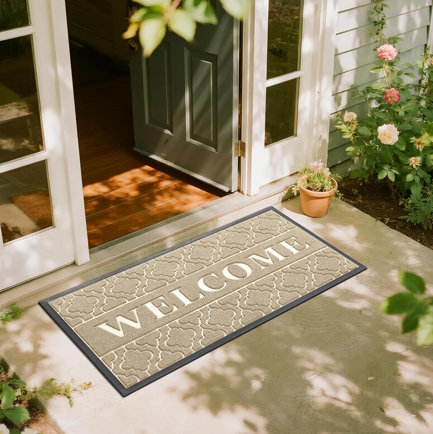 Yimobra Welcome Mat Outdoor Indoor, All-Season Waterproof Front Door Mat Outside Entrance, All-Weather Heavy Duty Non-Slip Doormat, Low Profile Porch Patio Entrance Mats, 36x24, Black