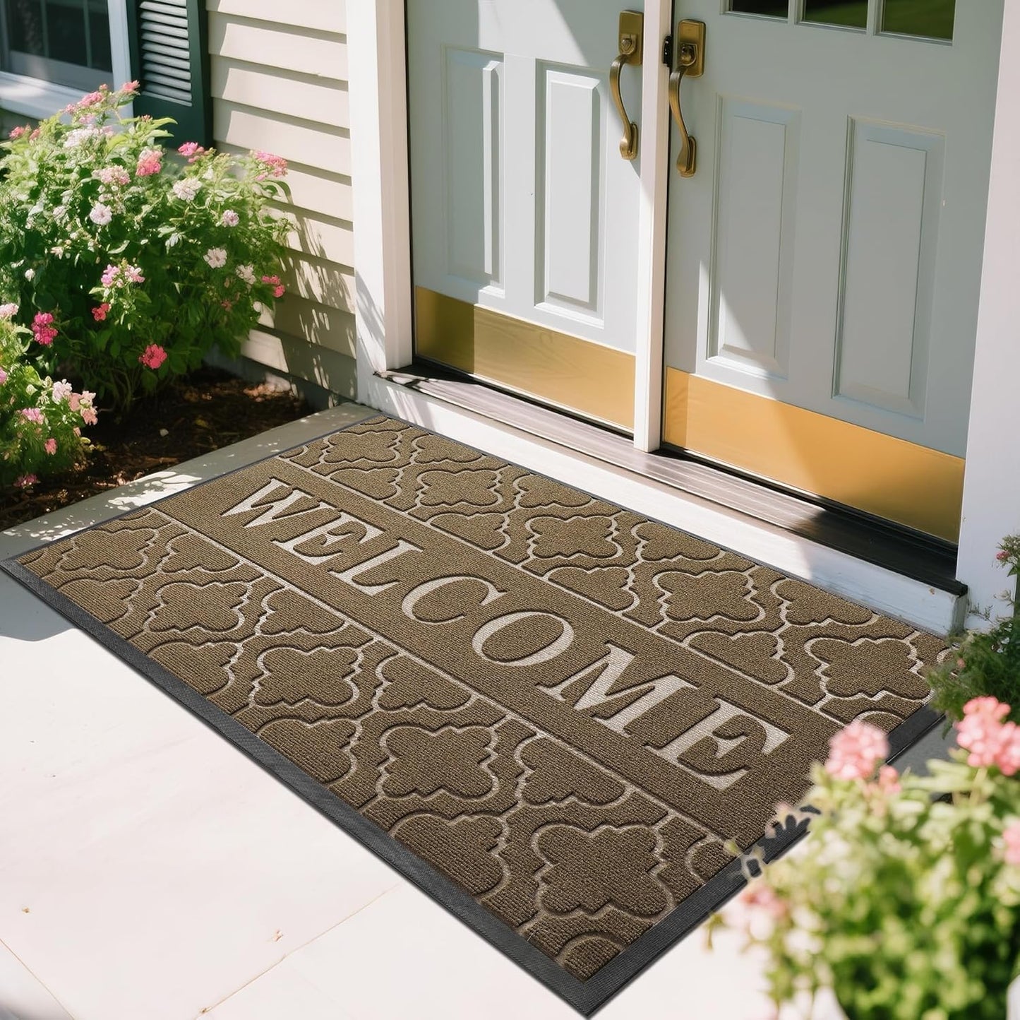 Yimobra Welcome Mat Outdoor Indoor, All-Season Waterproof Front Door Mat Outside Entrance, All-Weather Heavy Duty Non-Slip Doormat, Low Profile Porch Patio Entrance Mats, 36x24, Black