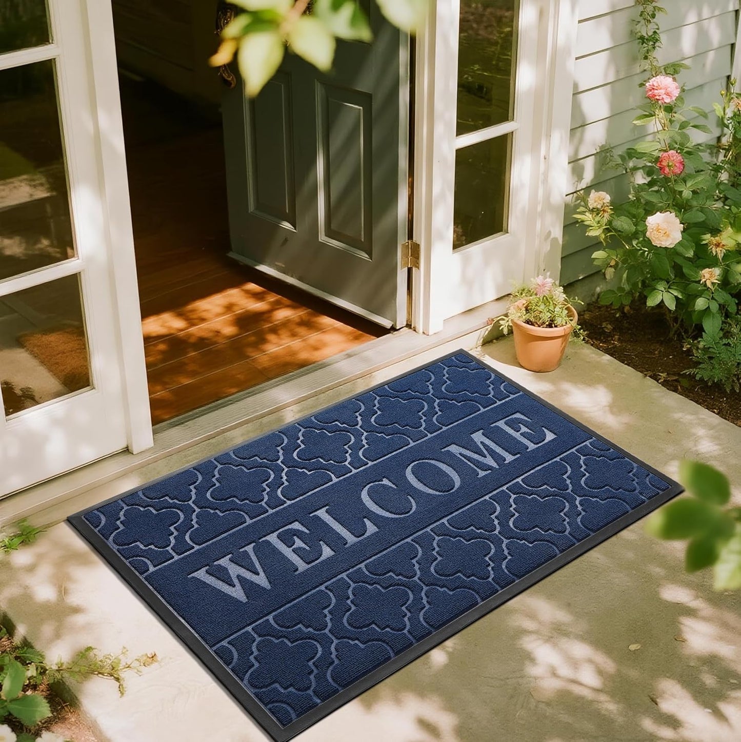 Yimobra Welcome Mat Outdoor Indoor, All-Season Waterproof Front Door Mat Outside Entrance, All-Weather Heavy Duty Non-Slip Doormat, Low Profile Porch Patio Entrance Mats, 36x24, Black