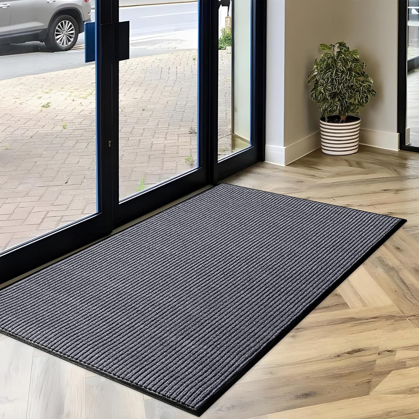 LuxUrux® Durable Rubber 3'x5' Commercial Door Mat - Heavy Duty, Indoor/Outdoor, Easy Clean, Waterproof, Commercial Floor Mat for Entry, Patio, Garage - Stylish Striped Gray Design (3 x 5 Feet)