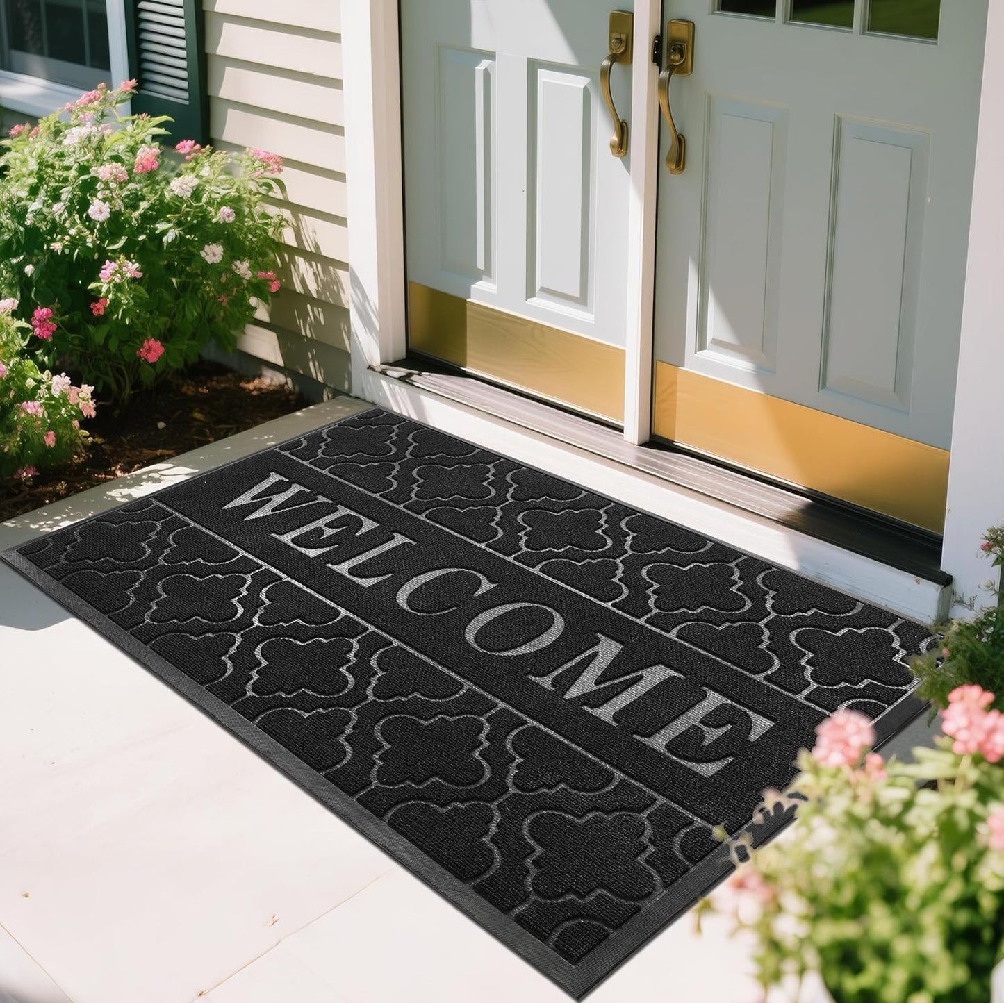 Yimobra Welcome Mat Outdoor Indoor, All-Season Waterproof Front Door Mat Outside Entrance, All-Weather Heavy Duty Non-Slip Doormat, Low Profile Porch Patio Entrance Mats, 36x24, Black