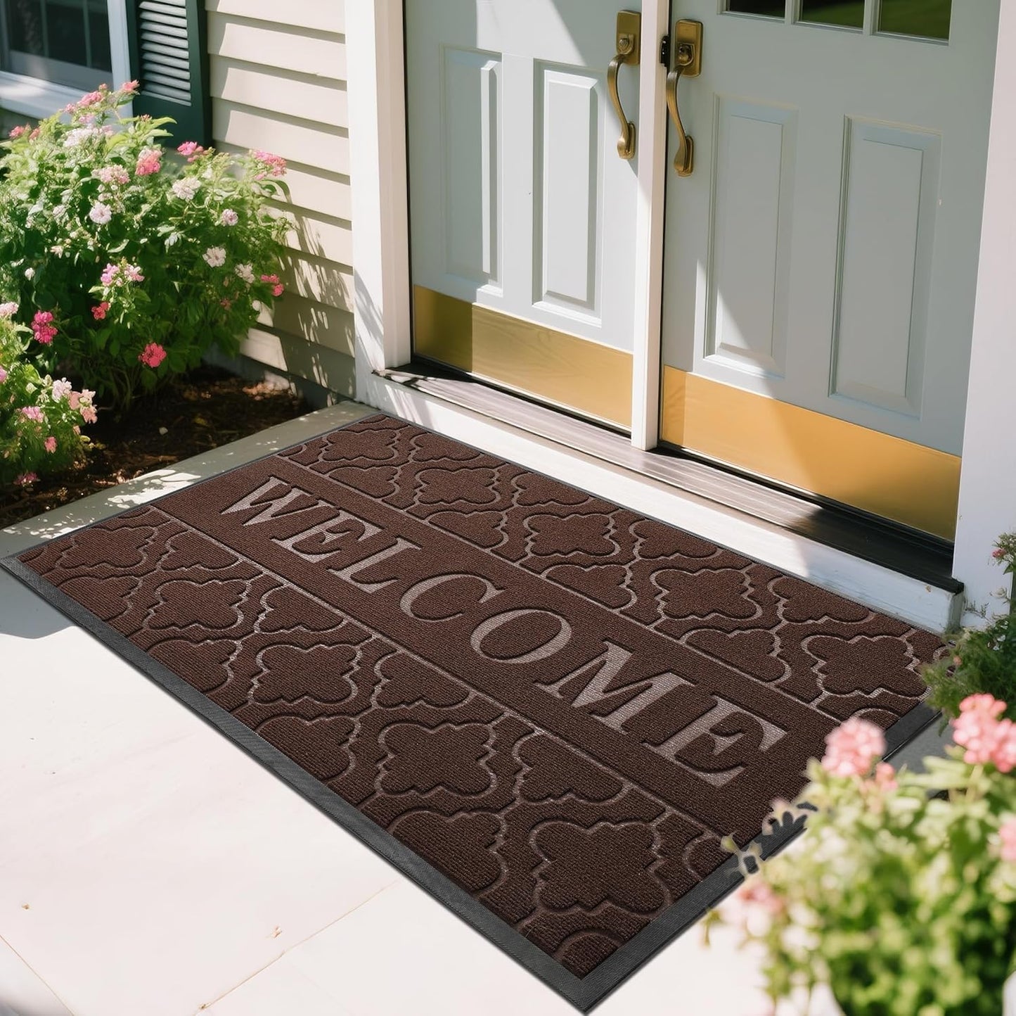 Yimobra Welcome Mat Outdoor Indoor, All-Season Waterproof Front Door Mat Outside Entrance, All-Weather Heavy Duty Non-Slip Doormat, Low Profile Porch Patio Entrance Mats, 36x24, Black