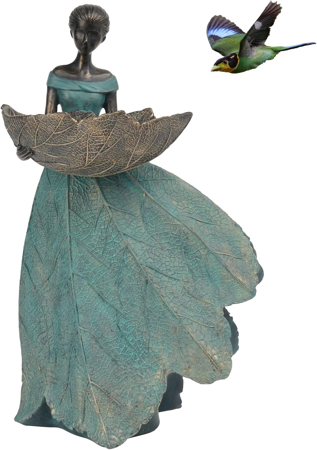 DiliComing Fairy Garden Statue Bird Feeder - 12 Inch Fairy Statue for Home Decoration, Resin Outdoor Statues for Garden Decoration, Best Bird Feeder Garden Gift for Women 12 x 7.5 x 5 Inch(Green)