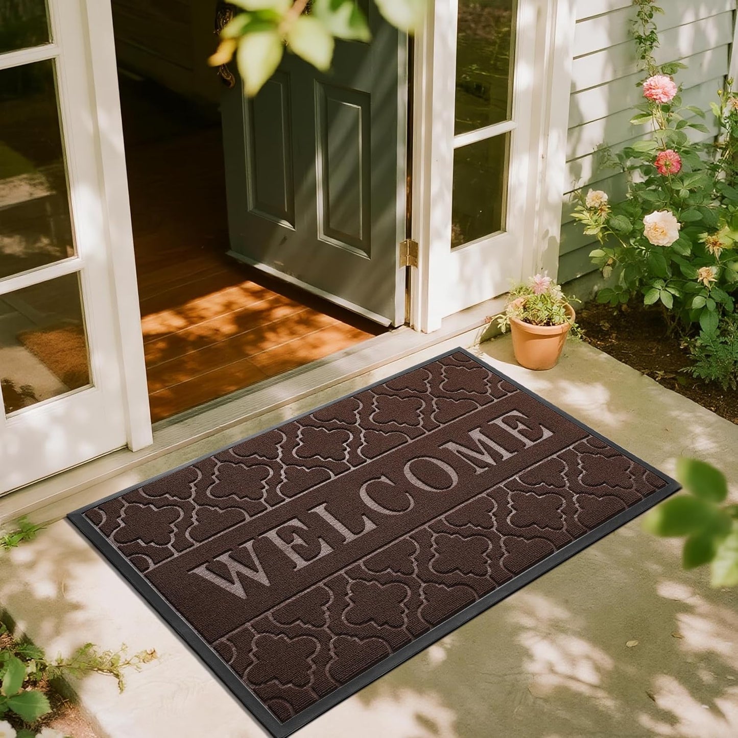 Yimobra Welcome Mat Outdoor Indoor, All-Season Waterproof Front Door Mat Outside Entrance, All-Weather Heavy Duty Non-Slip Doormat, Low Profile Porch Patio Entrance Mats, 36x24, Black