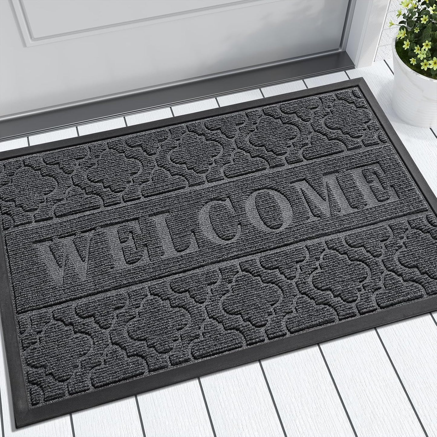 Yimobra Welcome Mat Outdoor Indoor, All-Season Waterproof Front Door Mat Outside Entrance, All-Weather Heavy Duty Non-Slip Doormat, Low Profile Porch Patio Entrance Mats, 36x24, Black