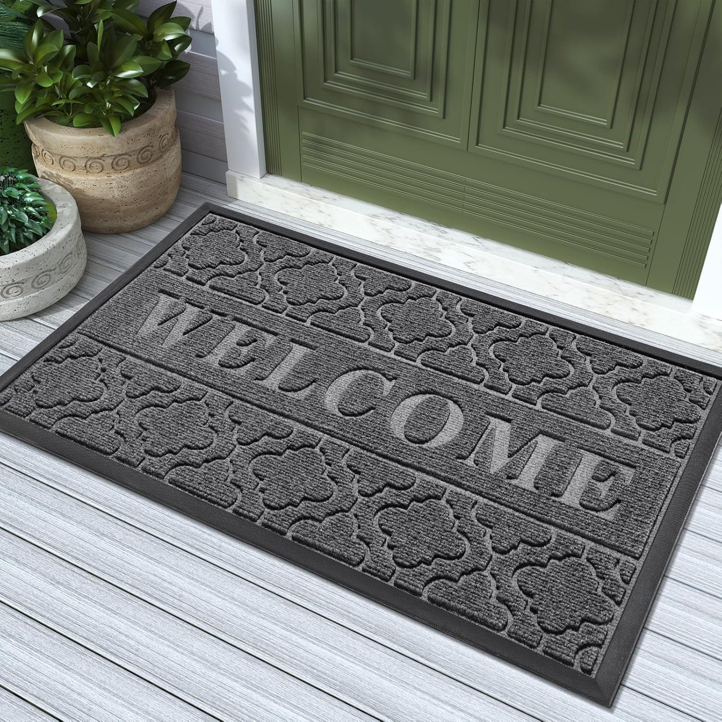 Yimobra Welcome Mat Outdoor Indoor, All-Season Waterproof Front Door Mat Outside Entrance, All-Weather Heavy Duty Non-Slip Doormat, Low Profile Porch Patio Entrance Mats, 36x24, Black